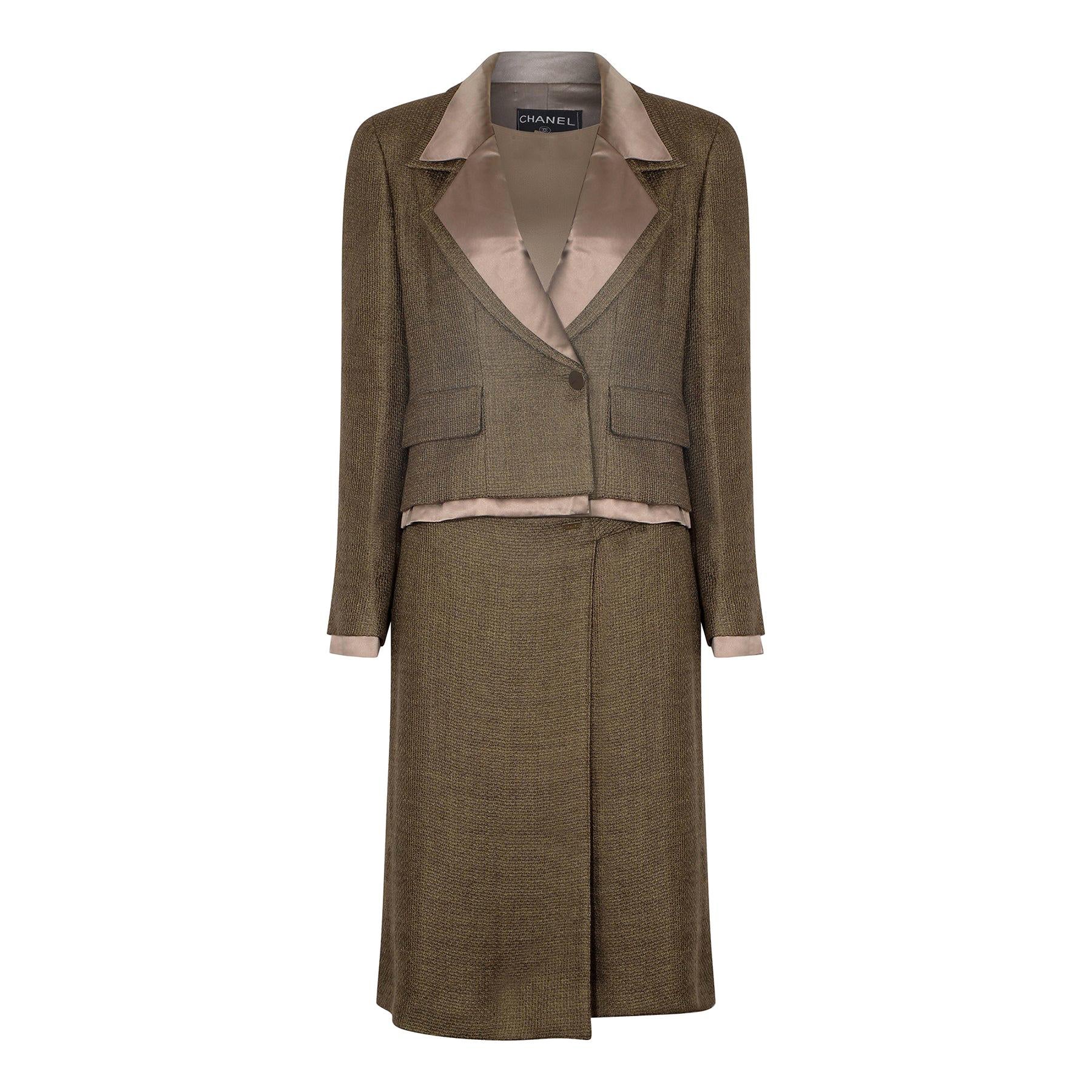 Pre-owned Chanel 1999 Green Brown Tweed And Silk Three Piece Suit