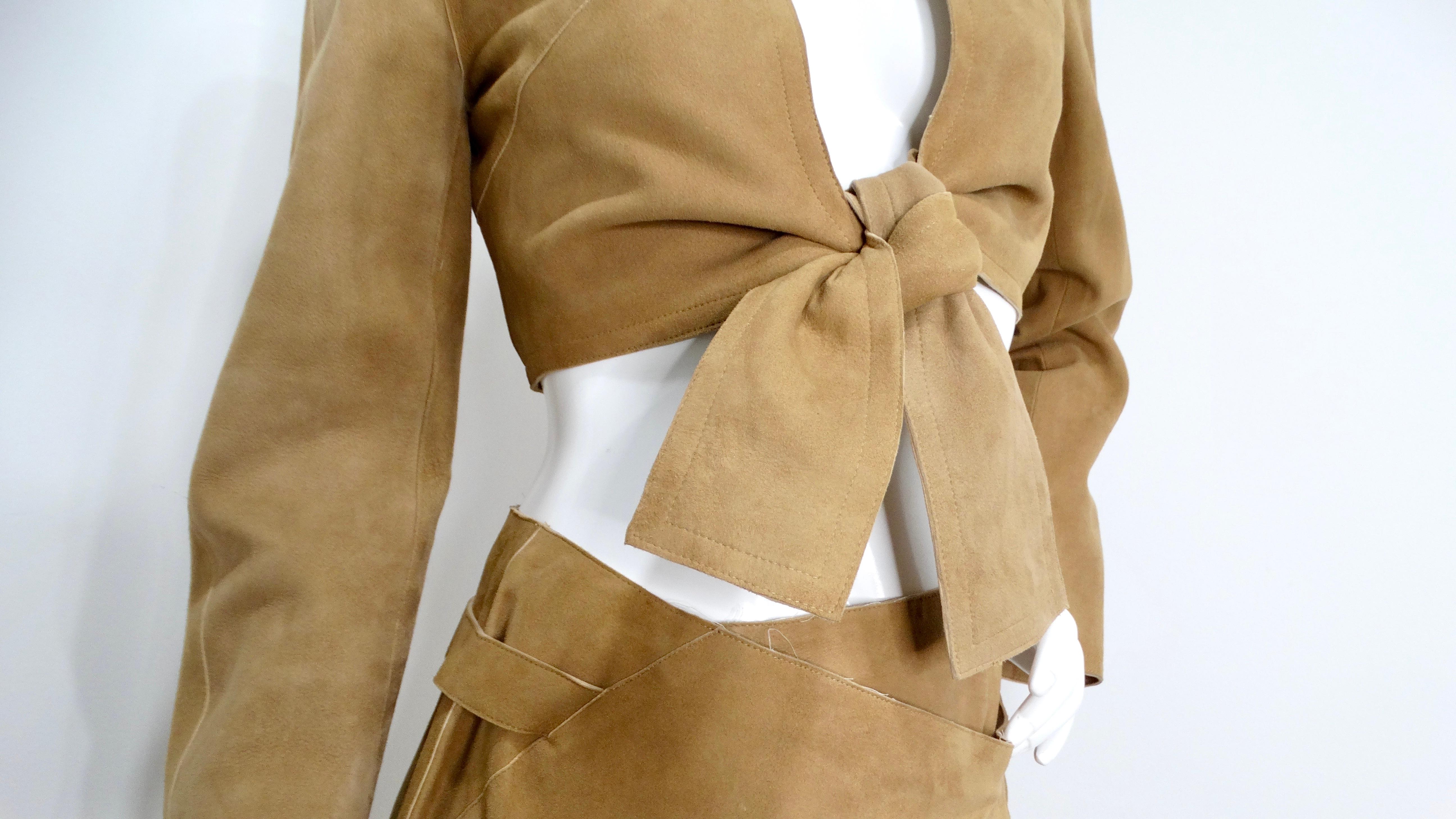1999 Chanel Runway Tan Suede Lambskin Long-Sleeve Wrap Top & Skirt Set For Sale 5