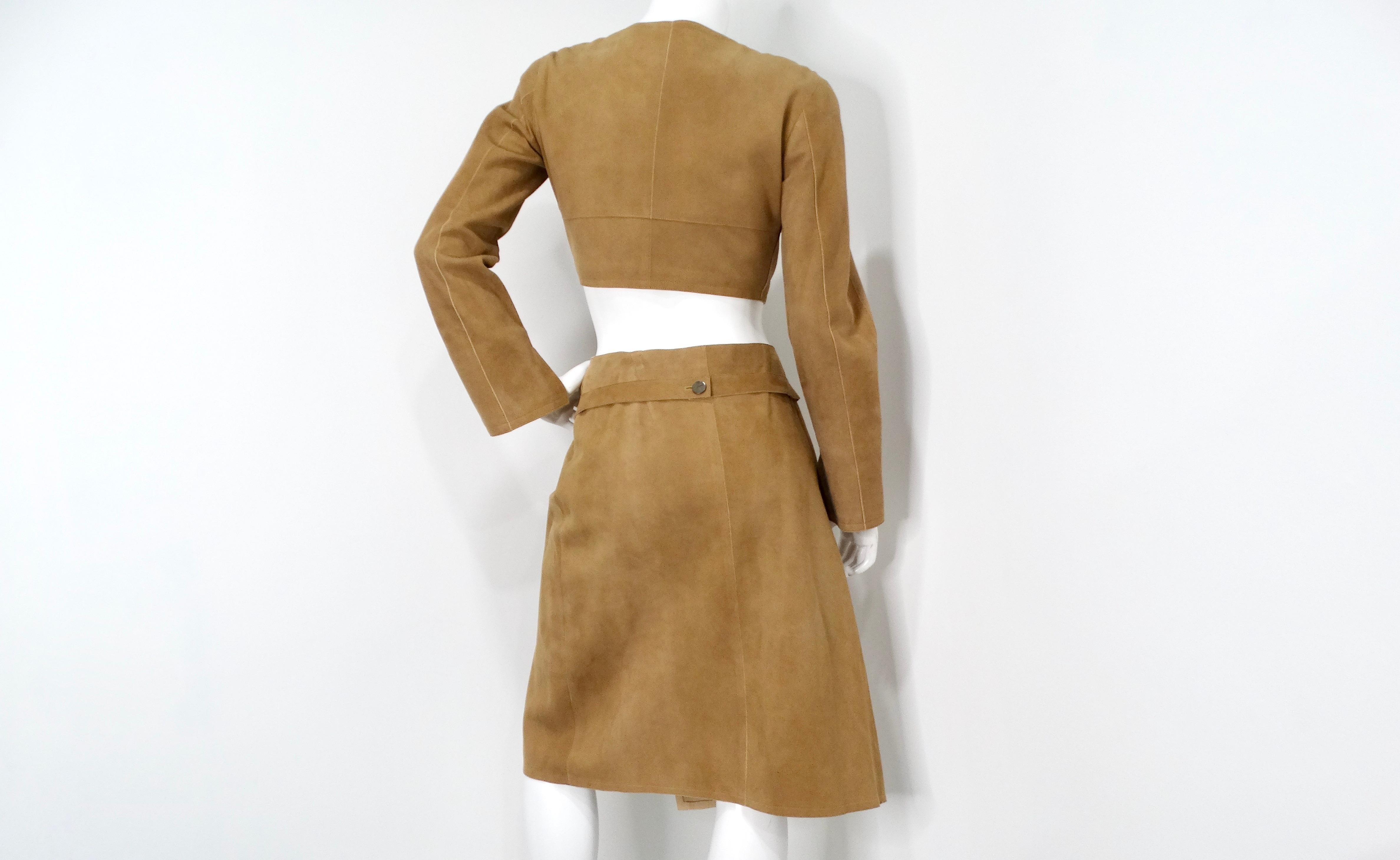 Brown 1999 Chanel Runway Tan Suede Lambskin Long-Sleeve Wrap Top & Skirt Set For Sale
