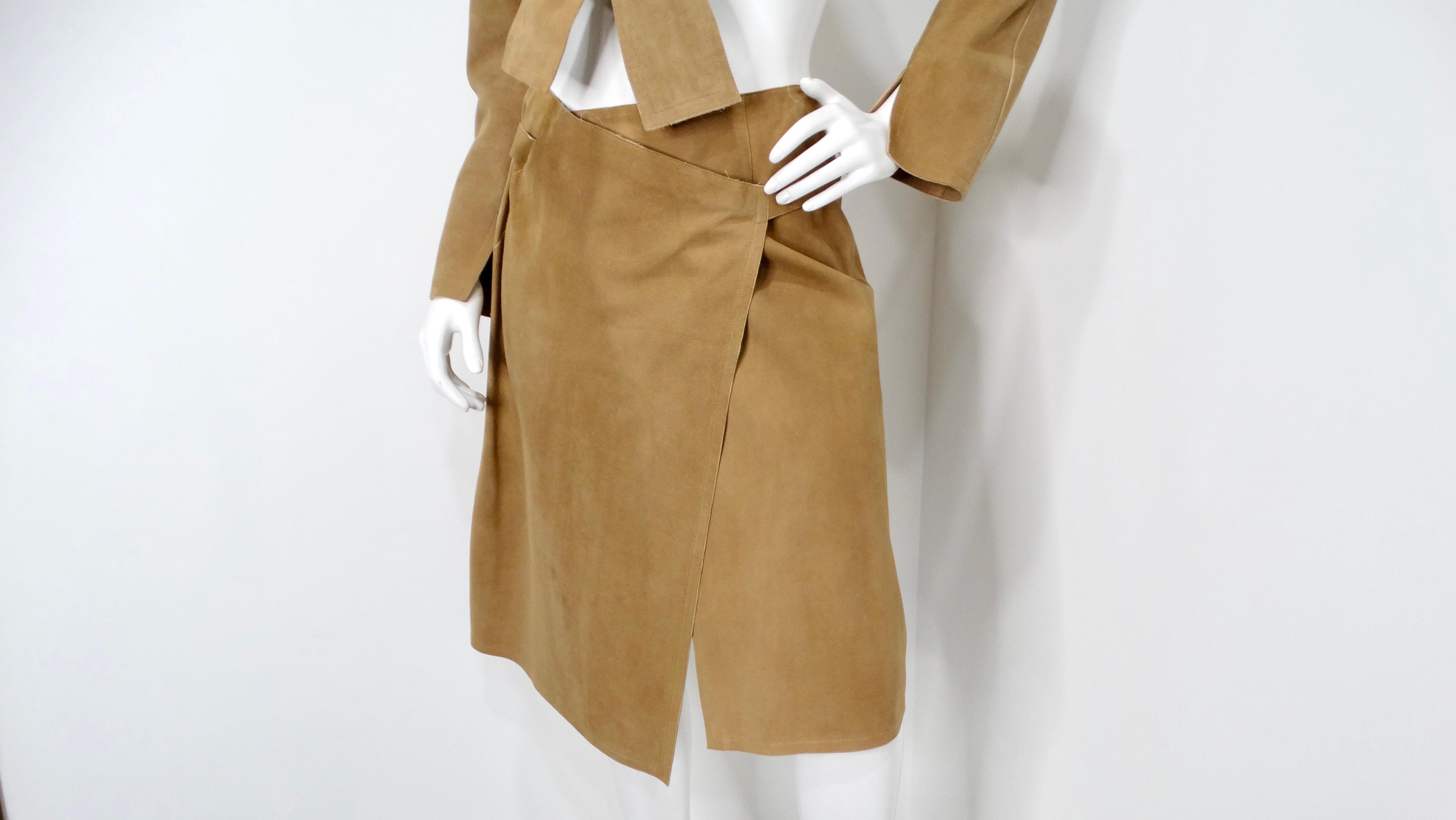 Women's 1999 Chanel Runway Tan Suede Lambskin Long-Sleeve Wrap Top & Skirt Set For Sale