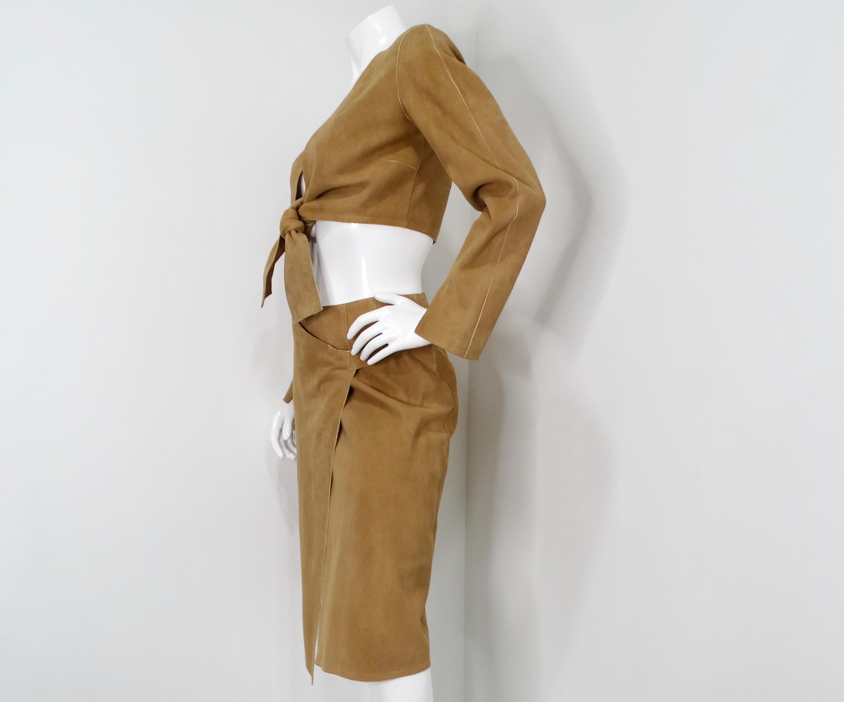 1999 Chanel Runway Tan Suede Lambskin Long-Sleeve Wrap Top & Skirt Set For Sale 1