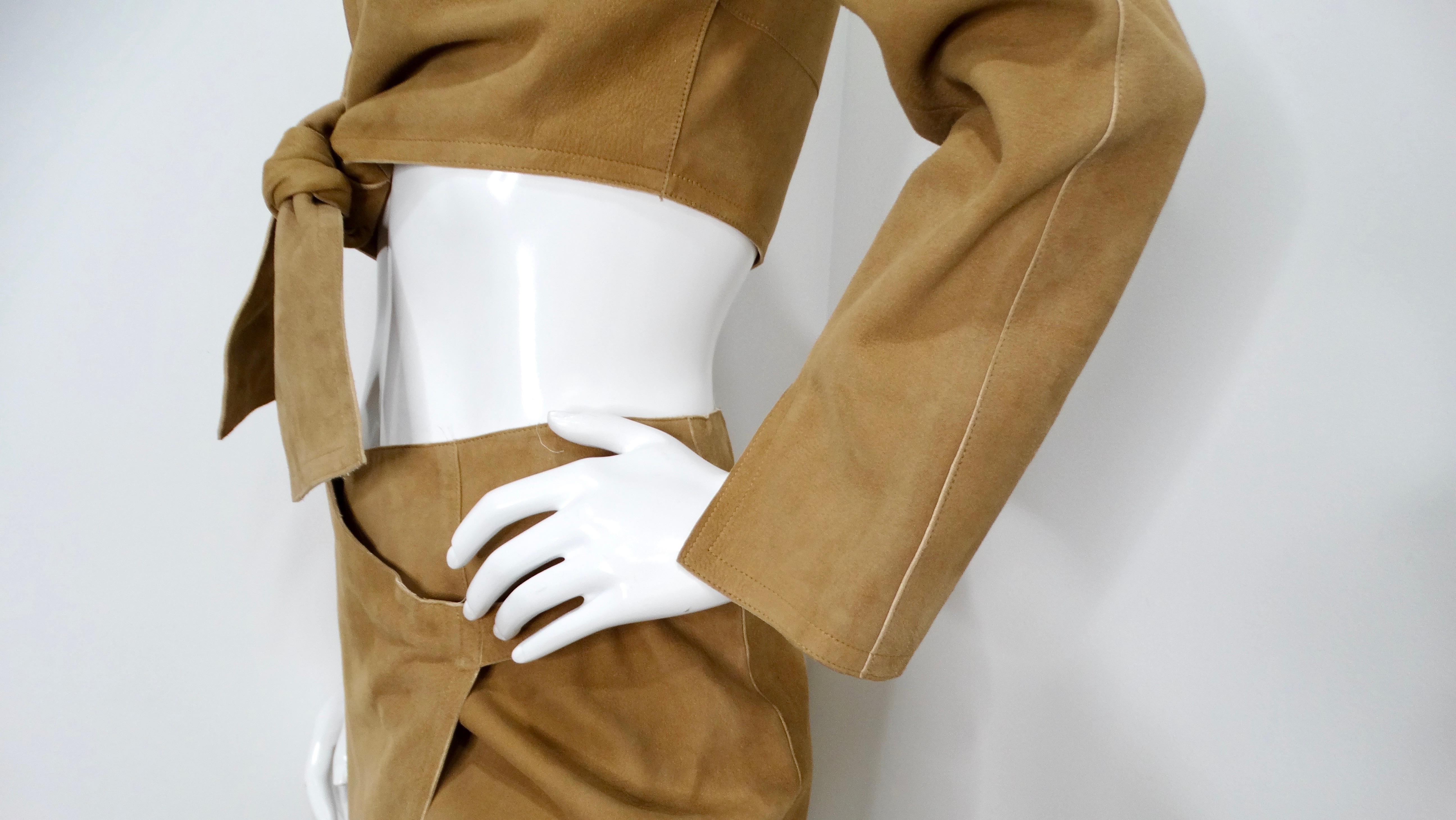 1999 Chanel Runway Tan Suede Lambskin Long-Sleeve Wrap Top & Skirt Set For Sale 2