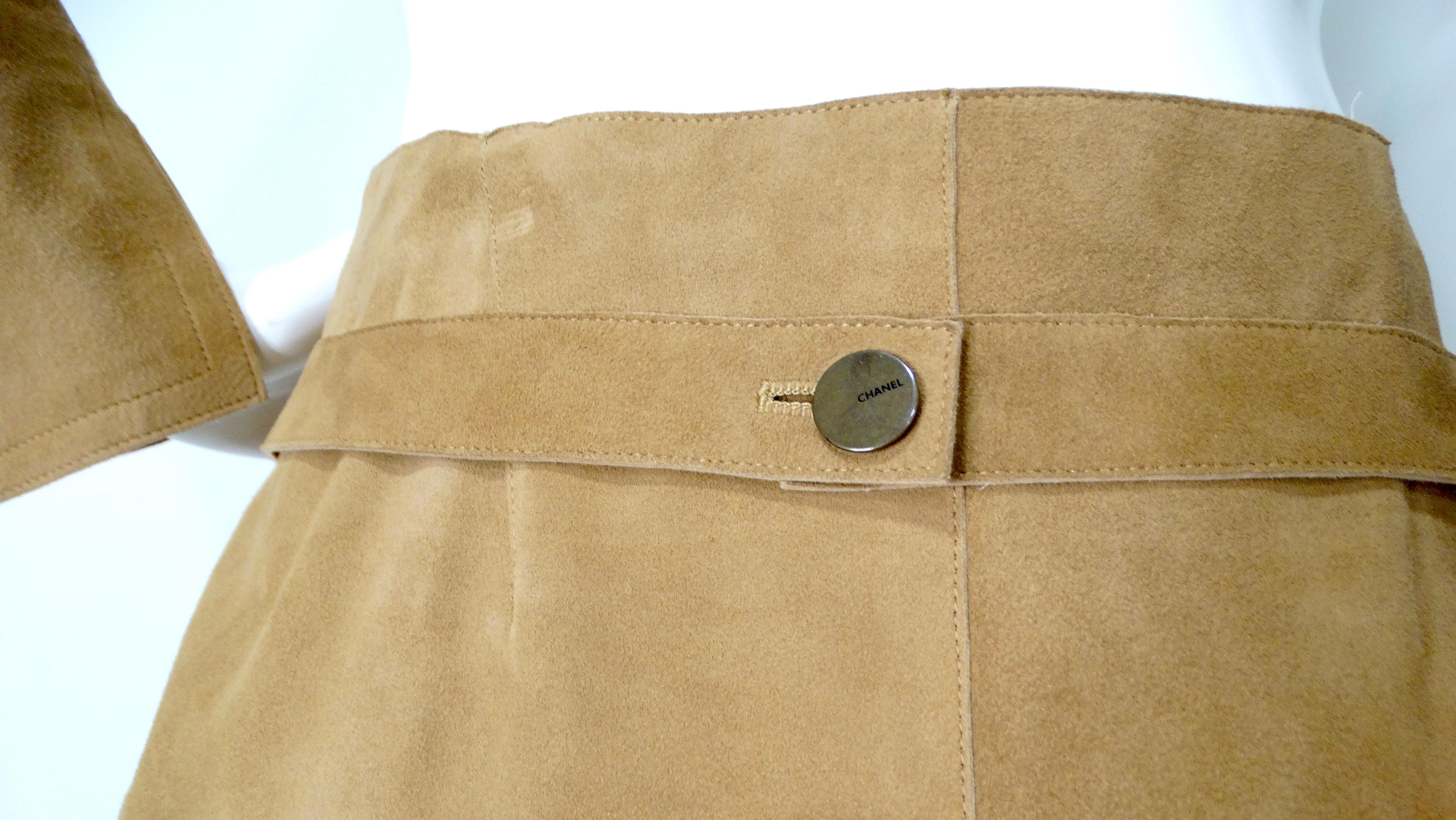1999 Chanel Runway Tan Suede Lambskin Long-Sleeve Wrap Top & Skirt Set For Sale 3