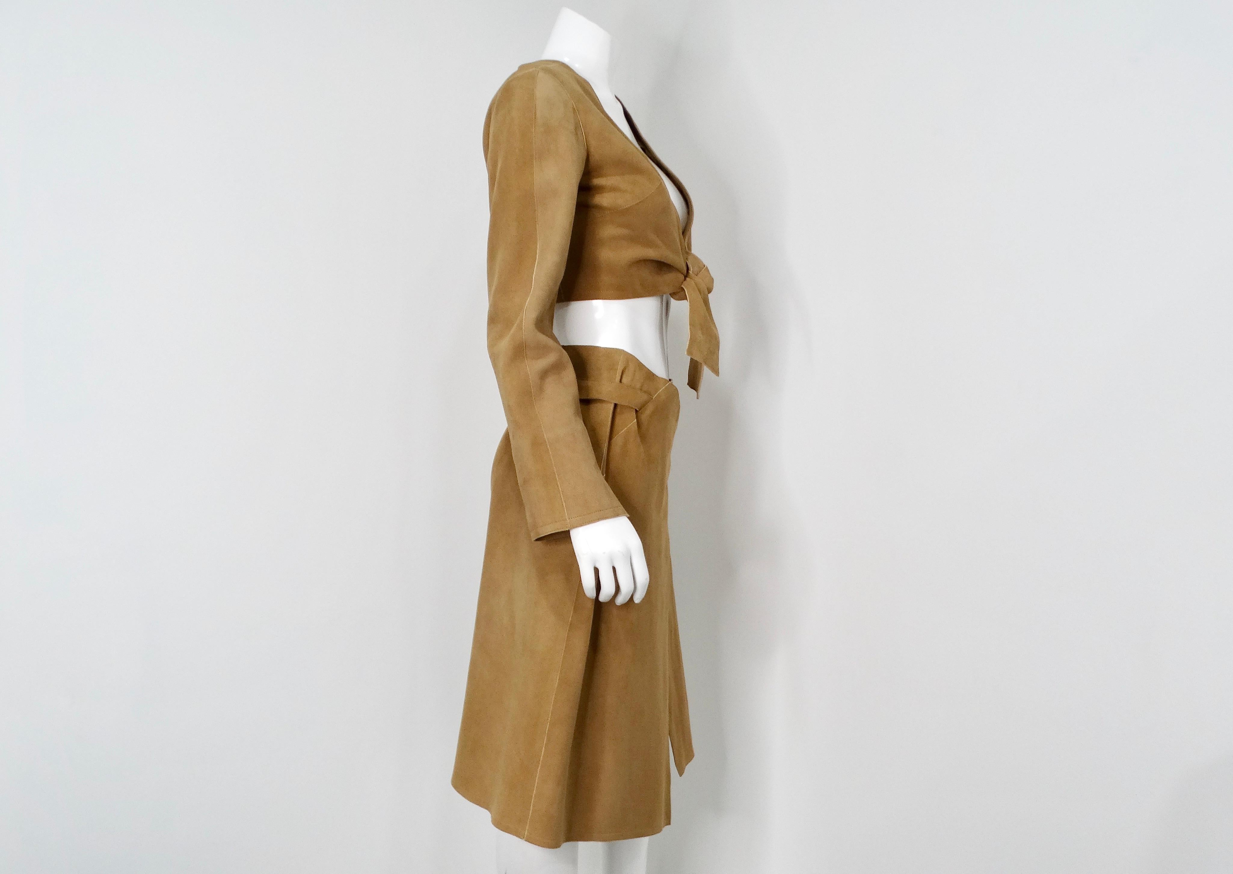 1999 Chanel Runway Tan Suede Lambskin Long-Sleeve Wrap Top & Skirt Set For Sale 4