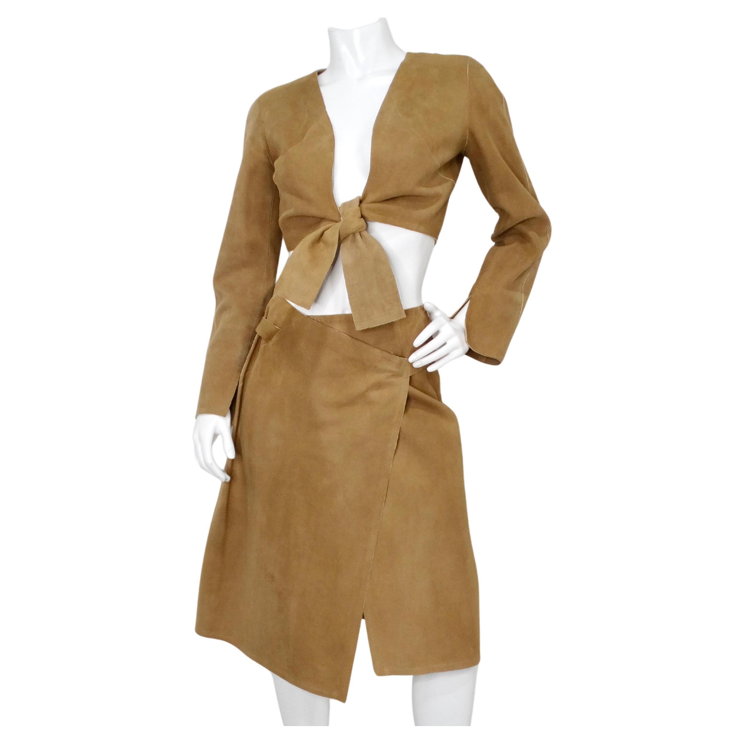 1999 Chanel Runway Tan Suede Lambskin Long-Sleeve Wrap Top & Skirt Set For Sale