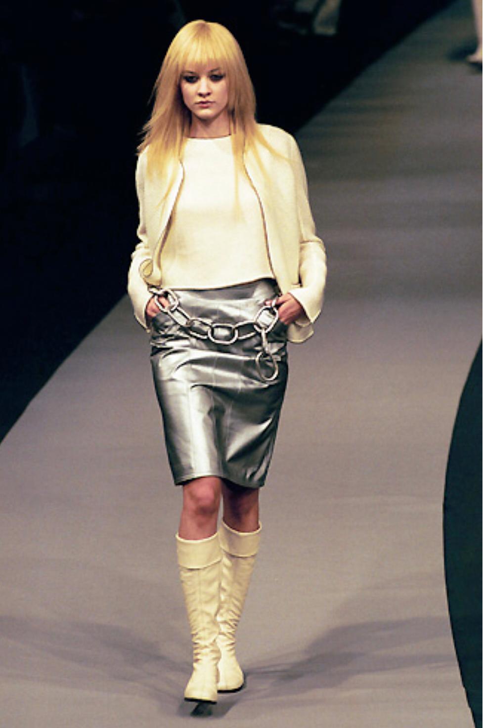 Chanel Silver Metallic Lambskin Leather Knee Length Pencil Skirt  For Sale 3