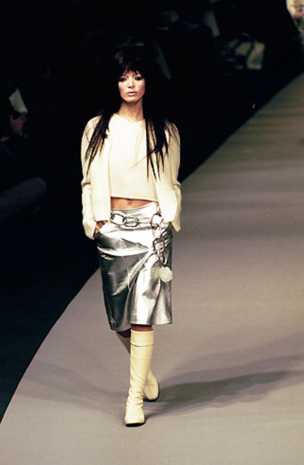 Chanel Silver Metallic Lambskin Leather Knee Length Pencil Skirt In Excellent Condition For Sale In Sheung Wan, HK