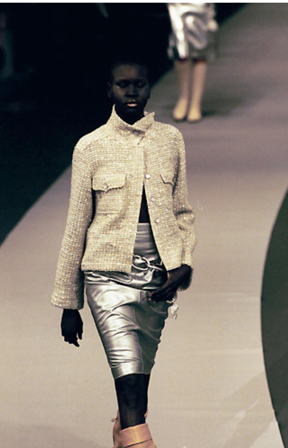 Chanel Silver Metallic Lambskin Leather Knee Length Pencil Skirt  For Sale 1