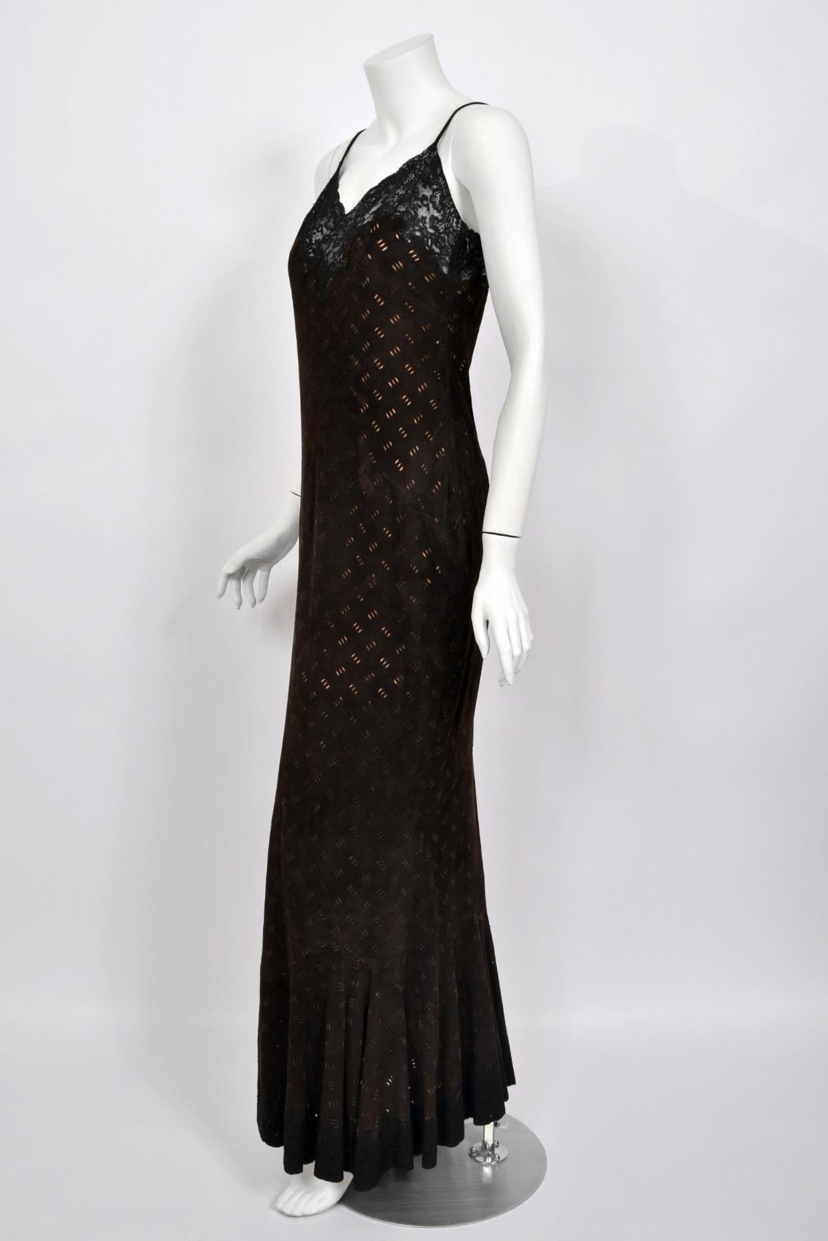 1999 Christian Dior by John Galliano Brown Suede Lace Bias-Cut Slip Gown & Shawl For Sale 5