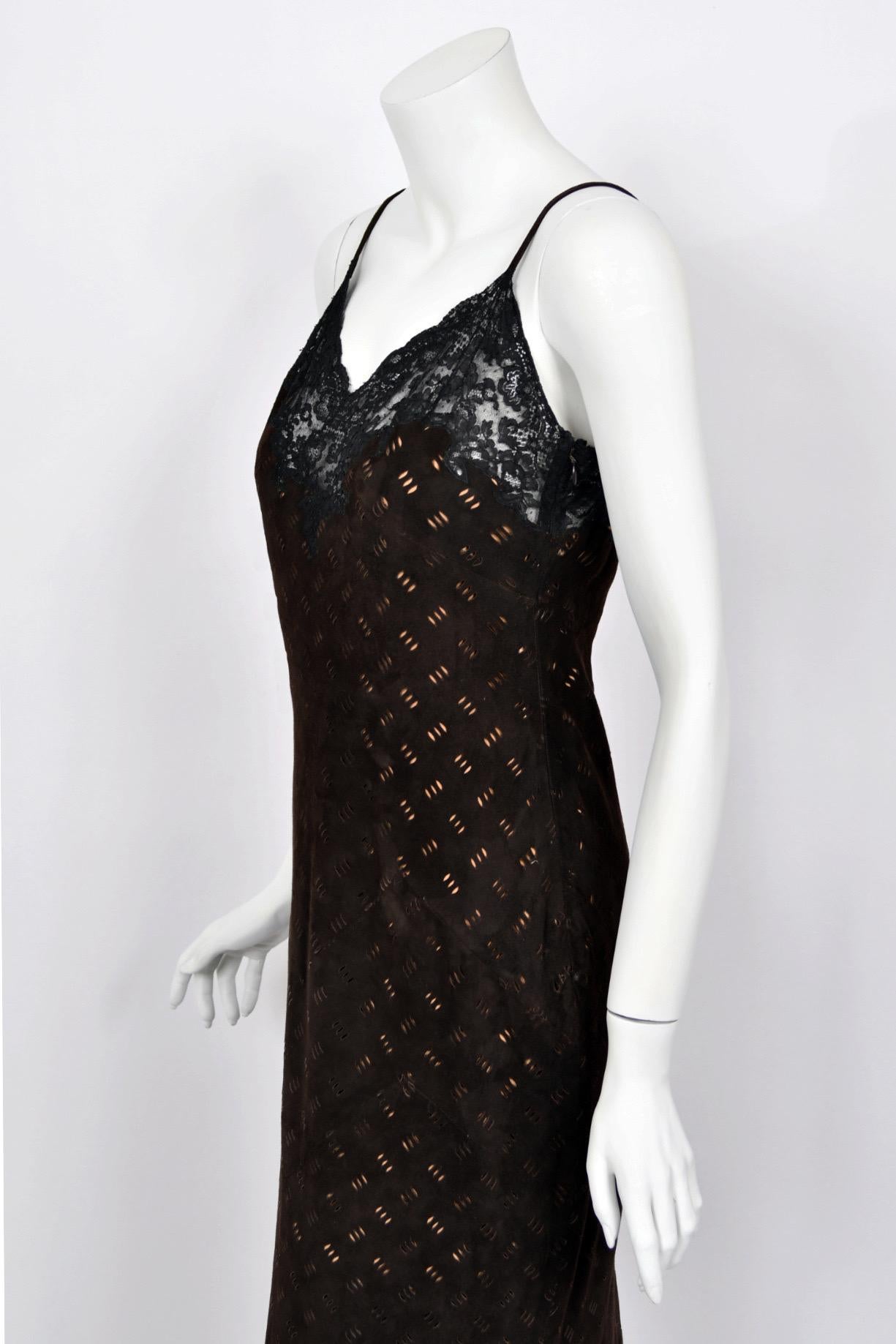 1999 Christian Dior by John Galliano Brown Suede Lace Bias-Cut Slip Gown & Shawl For Sale 6