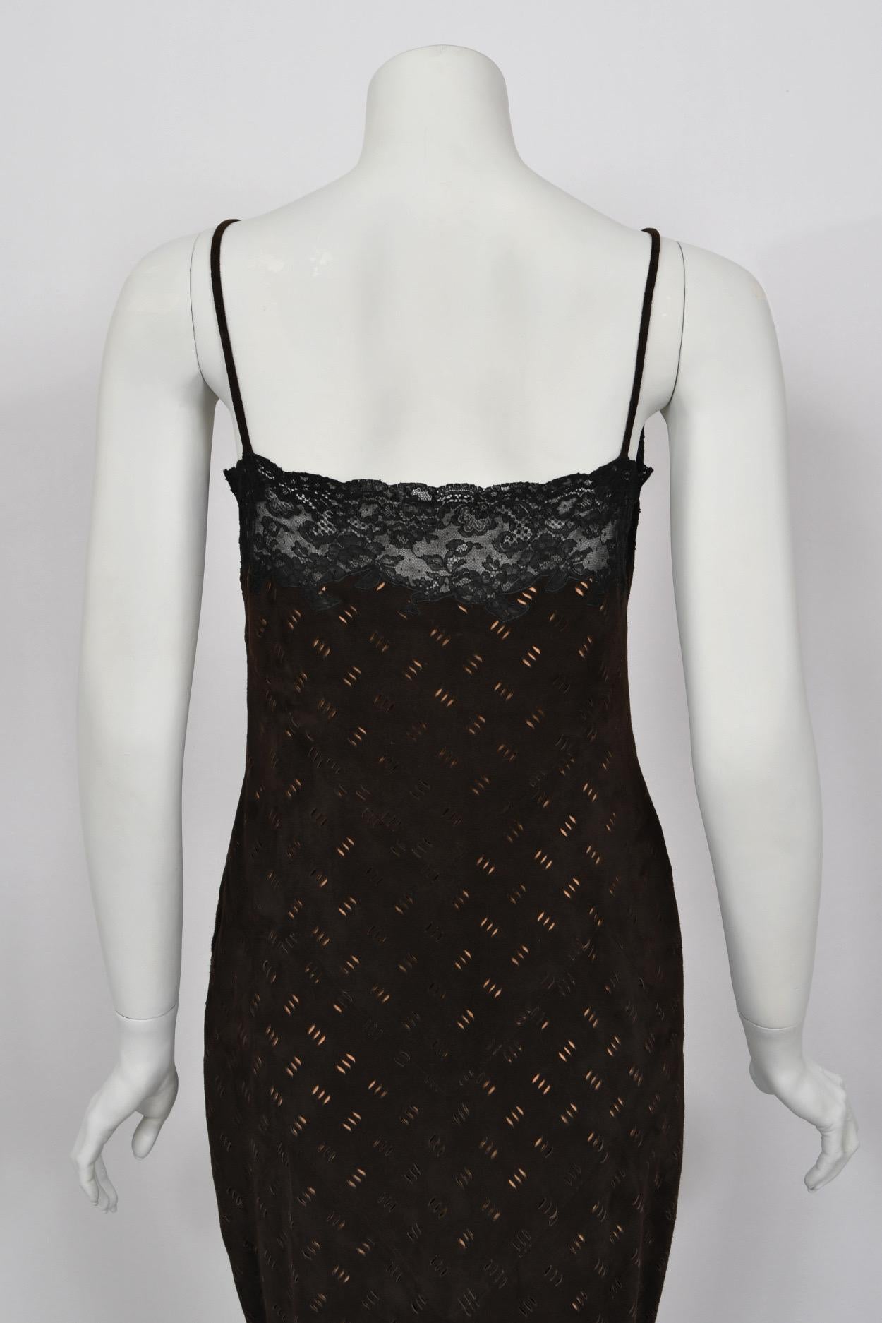 1999 Christian Dior by John Galliano Brown Suede Lace Bias-Cut Slip Gown & Shawl For Sale 9