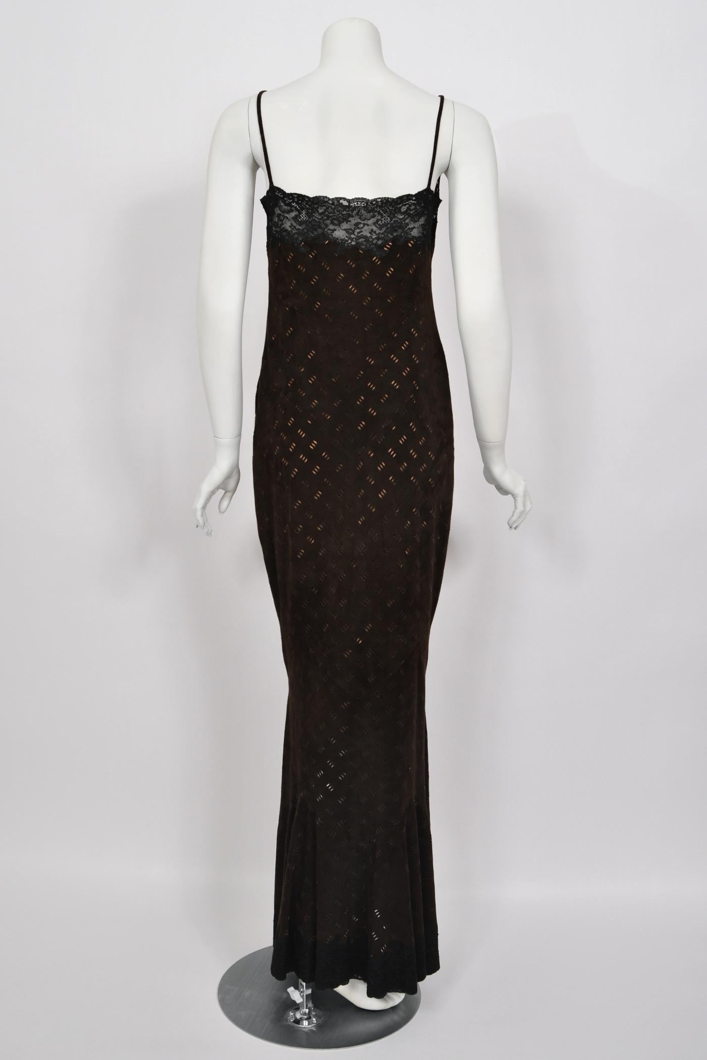 1999 Christian Dior by John Galliano Brown Suede Lace Bias-Cut Slip Gown & Shawl For Sale 8