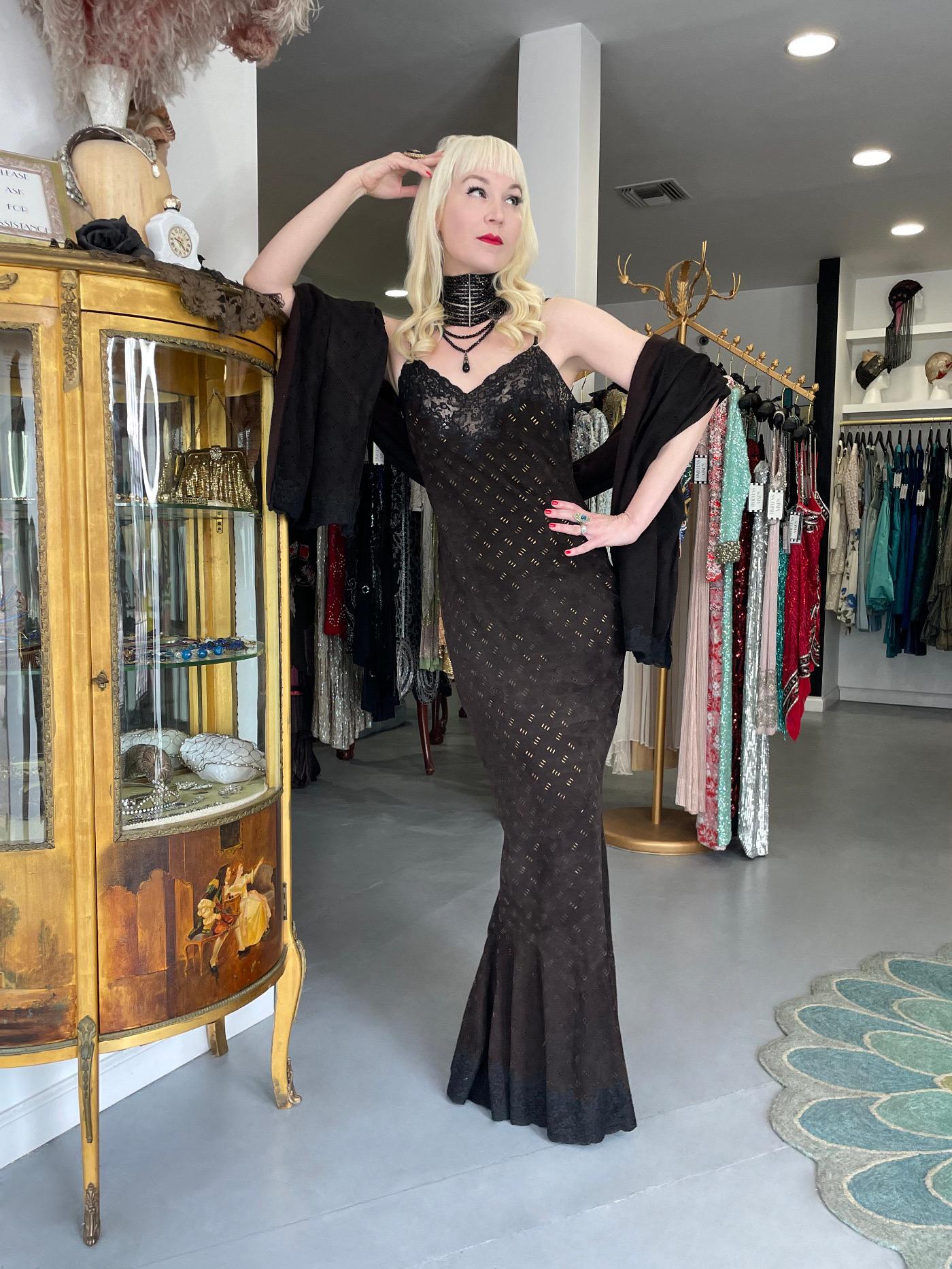 Black 1999 Christian Dior by John Galliano Brown Suede Lace Bias-Cut Slip Gown & Shawl For Sale