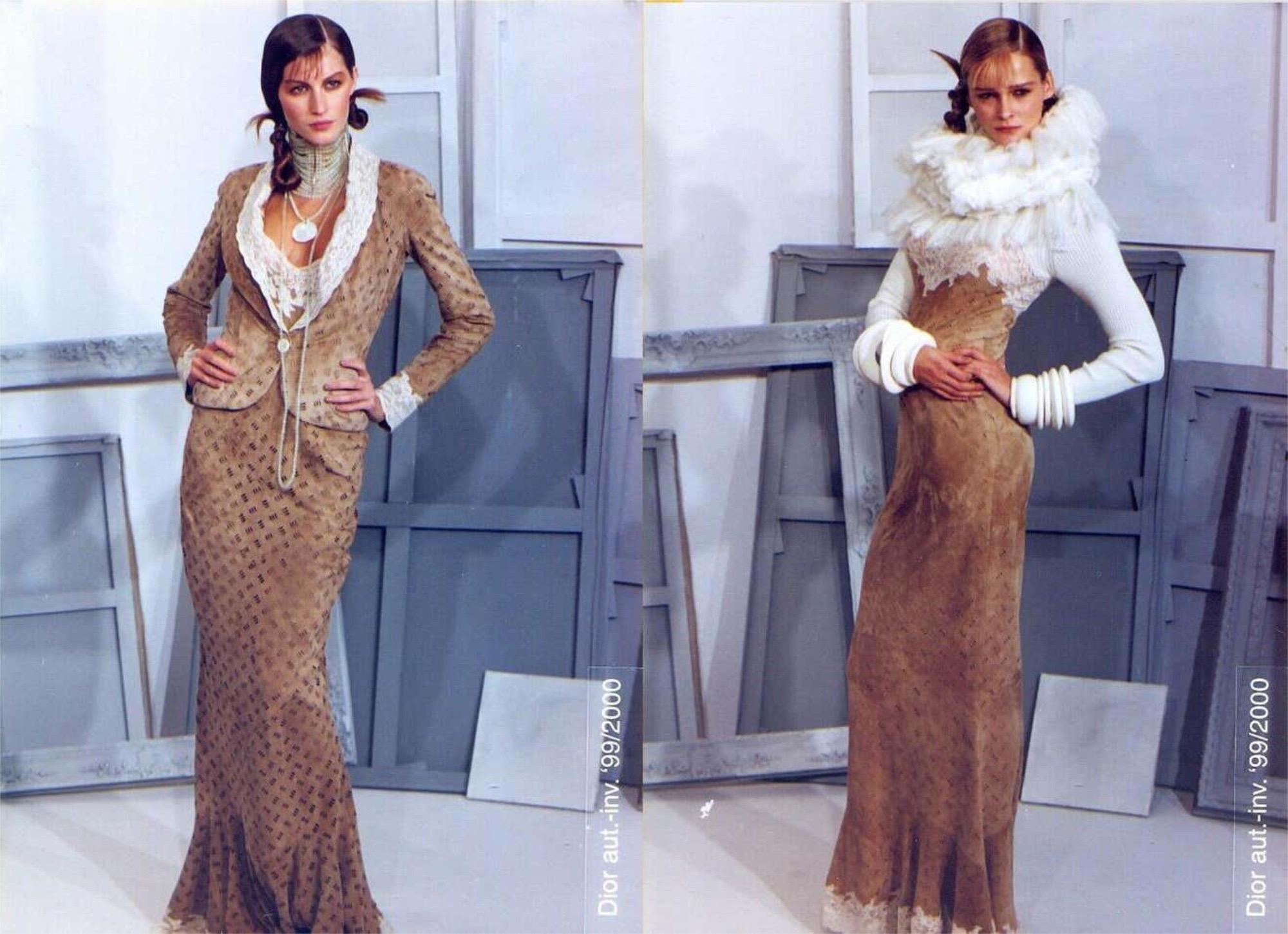 1999 Christian Dior by John Galliano Brown Suede Lace Bias-Cut Slip Gown & Shawl For Sale 1
