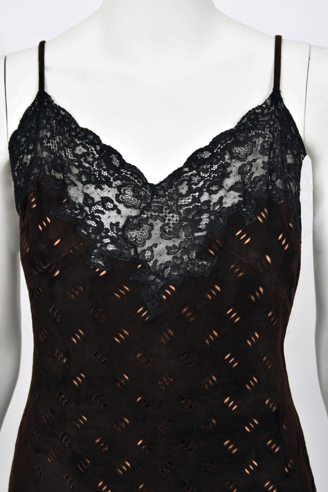 1999 Christian Dior by John Galliano Brown Suede Lace Bias-Cut Slip Gown & Shawl For Sale 4