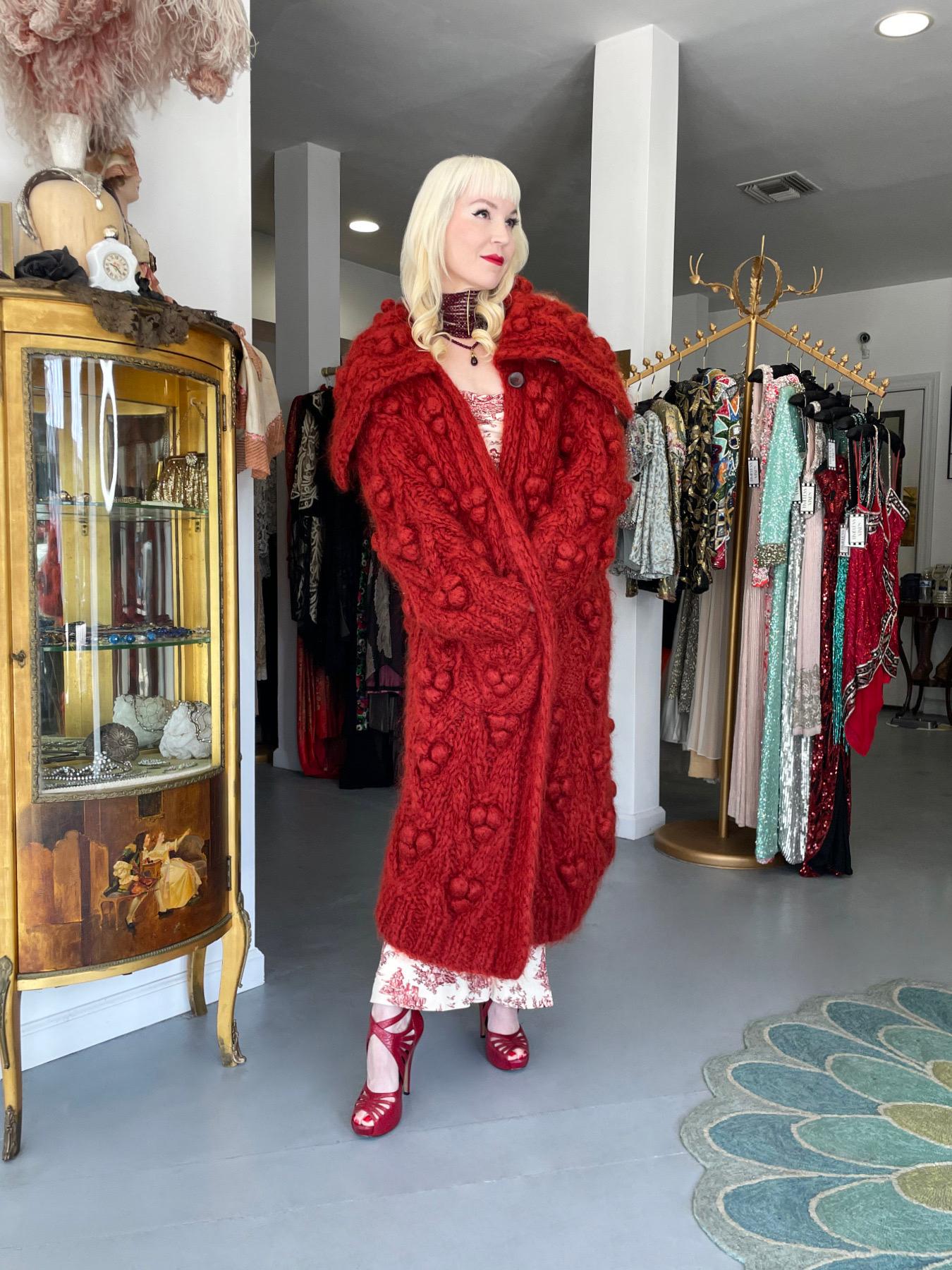 1999 Christian Dior by John Galliano Red Wool Knit Shawl-Collar Sweater Coat In Good Condition In Beverly Hills, CA