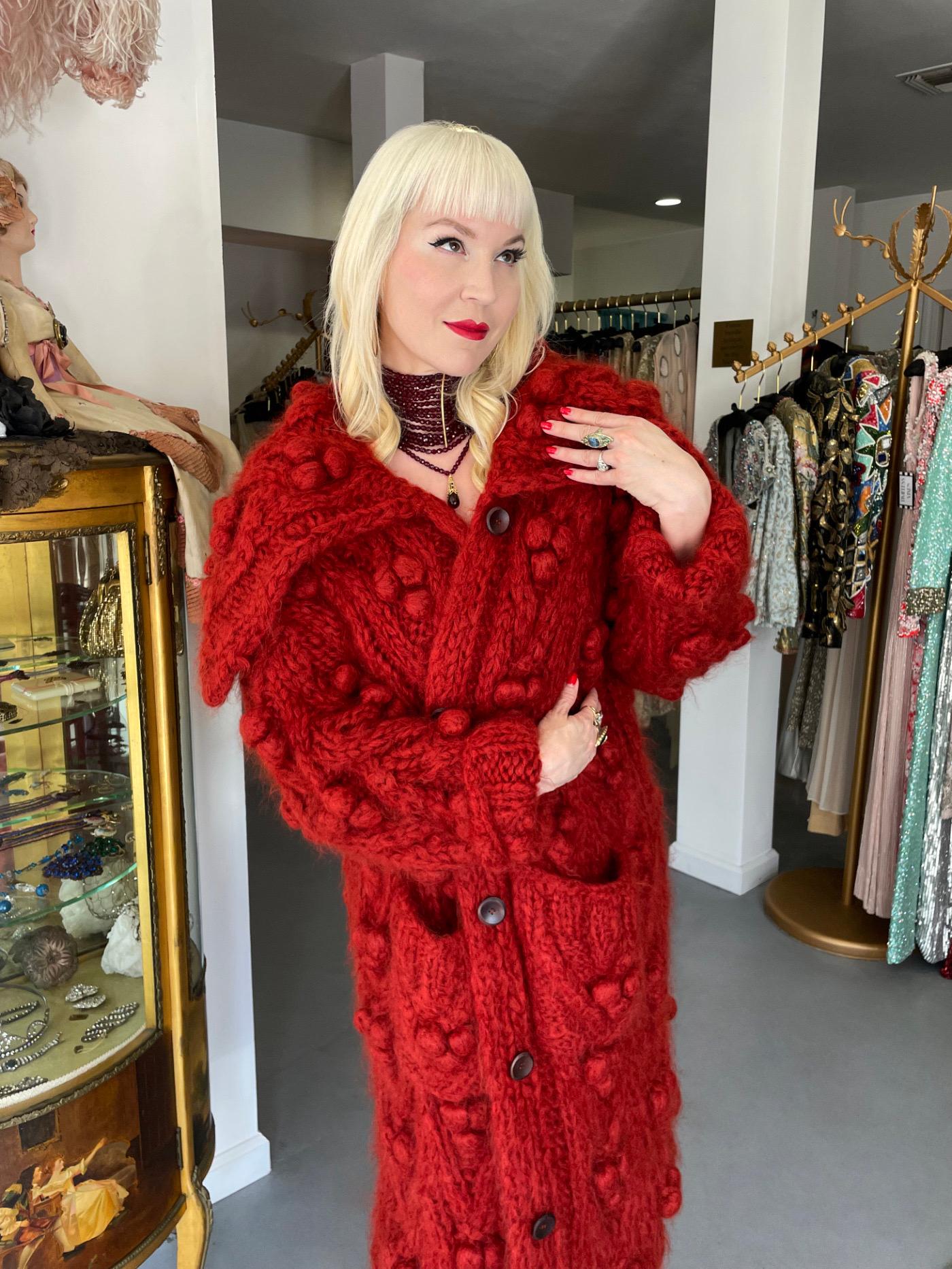 Women's 1999 Christian Dior by John Galliano Red Wool Knit Shawl-Collar Sweater Coat