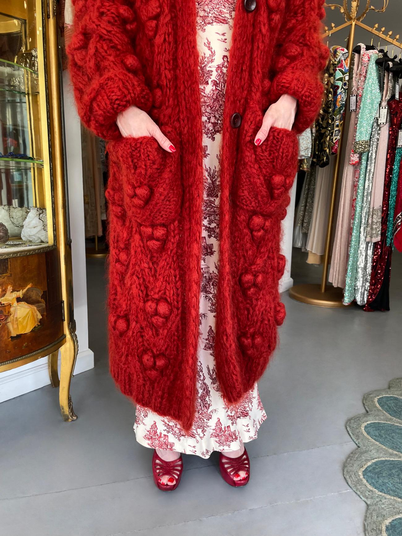 1999 Christian Dior by John Galliano Red Wool Knit Shawl-Collar Sweater Coat 1