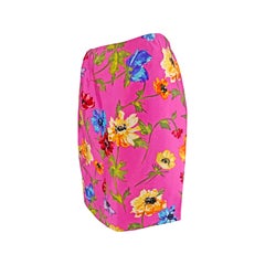 1999 Dolce & Gabbana Hot Pink Floral Print Silk Satin Pencil Skirt