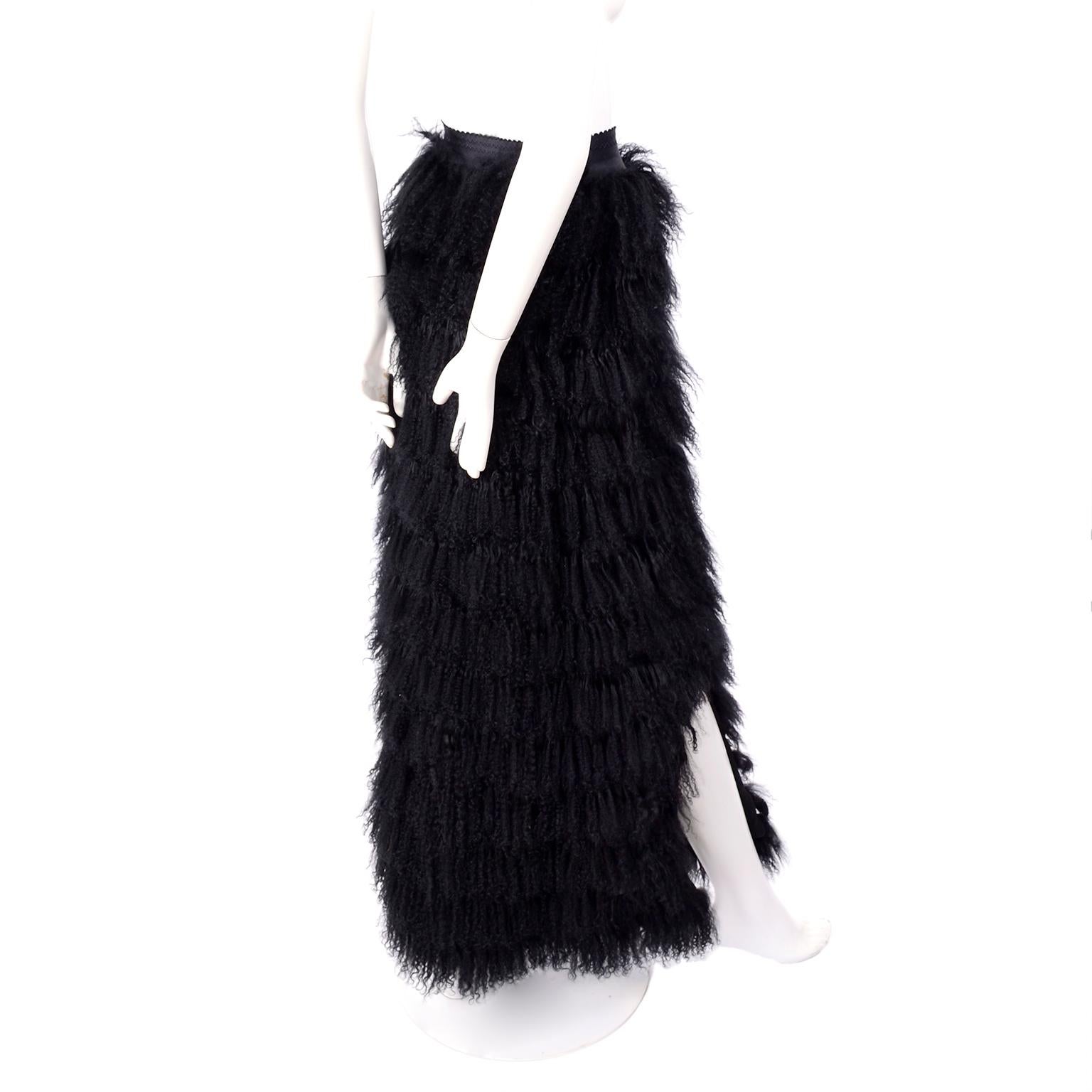 Women's 1999 F/W Runway Dolce & Gabbana Black Mongolian Lambs Fur & Silk Long Skirt For Sale