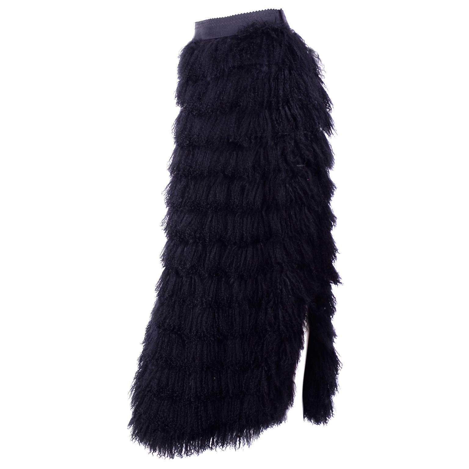 1999 F/W Runway Dolce & Gabbana Black Mongolian Lambs Fur & Silk Long Skirt For Sale