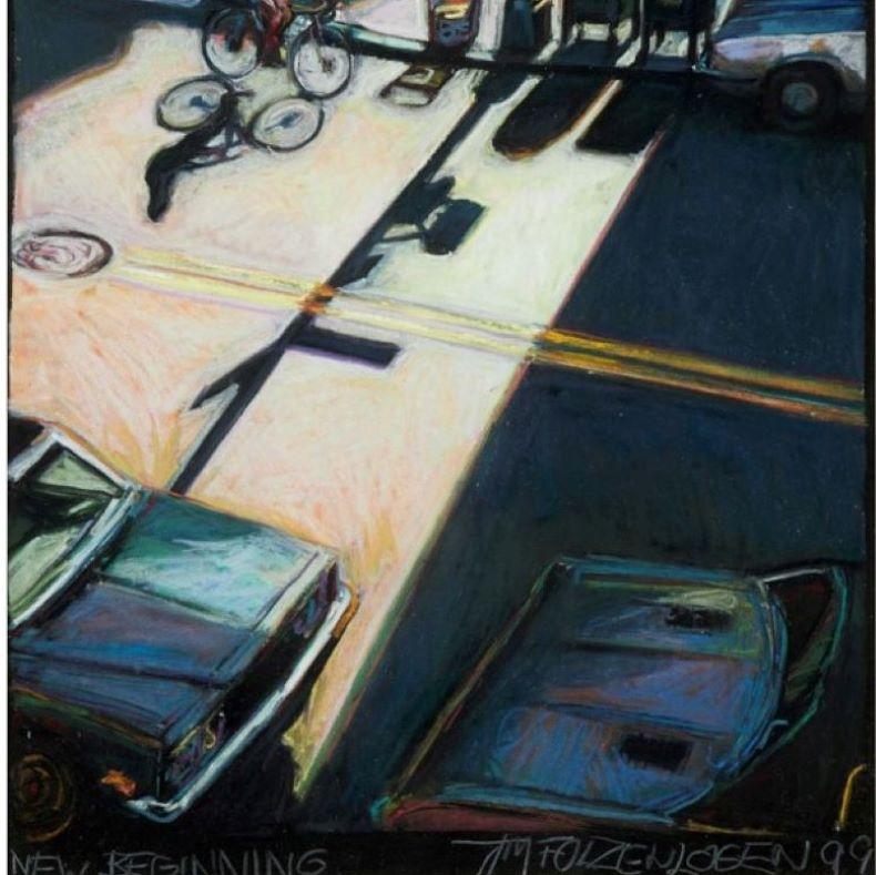 Gerahmtes Pastell der New Yorker Street-Szene von Tim Folzenlogen, 1999 (Ende des 20. Jahrhunderts) im Angebot