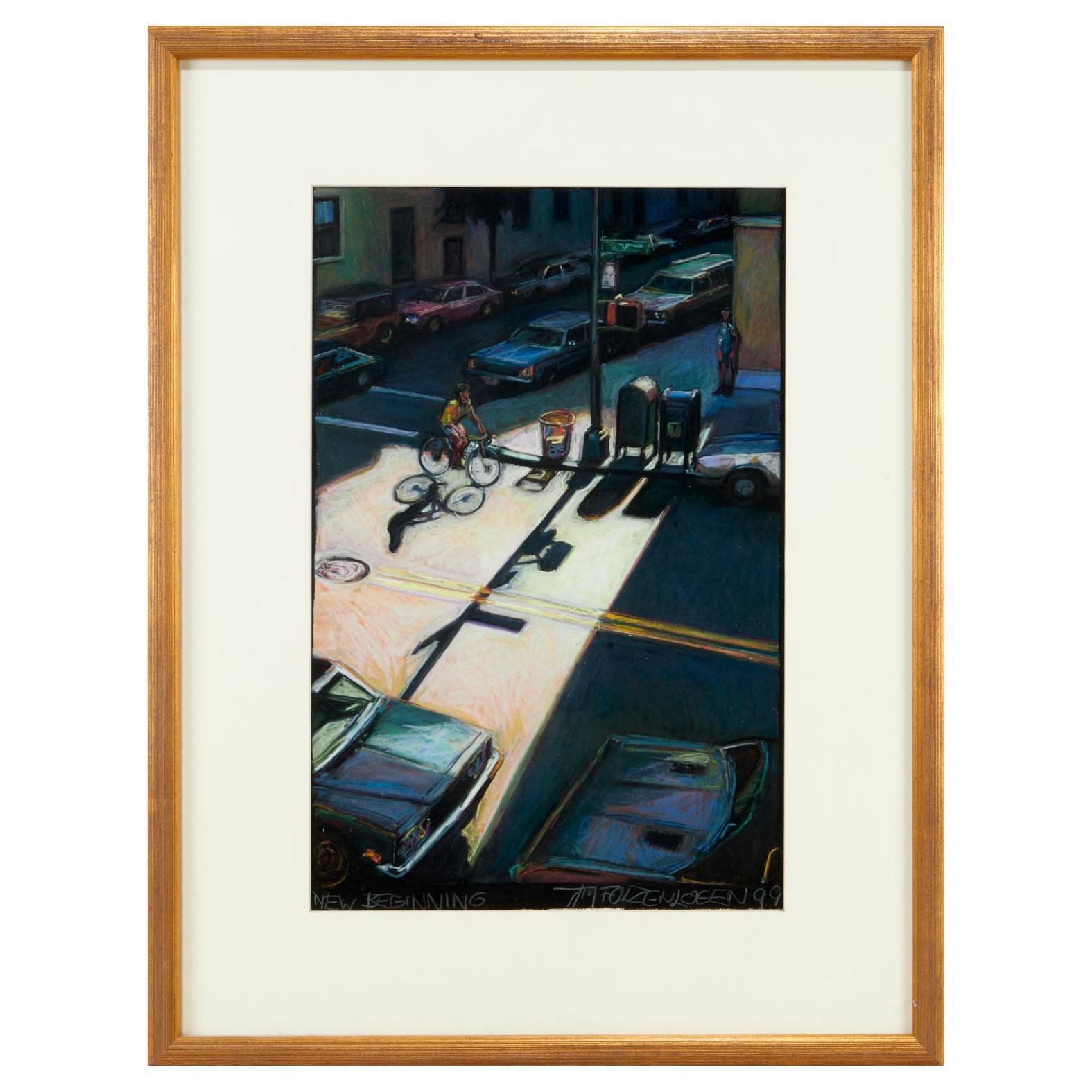 Pastel encadré de la scène de la rue de New York, Tim Folzenlogen, 1999