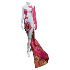 1999 Gianfranco Ferre Hot Pink and Sheer Silk Floral Runway Gown 1999 Gianfranco Ferre Hot Pink and Sheer Silk Floral Runway Gown