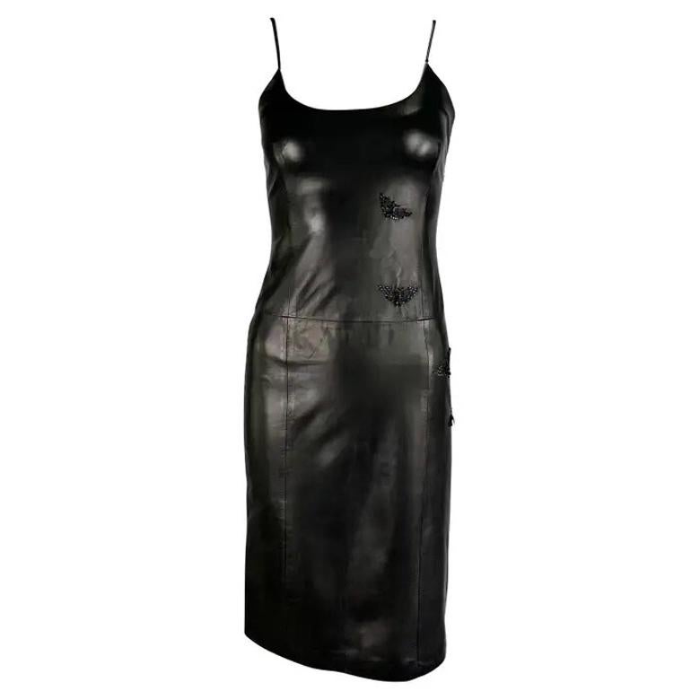 Gianni Versace by Donatella - Robe courte en cuir noir avec perles et papillons, 1999 en vente