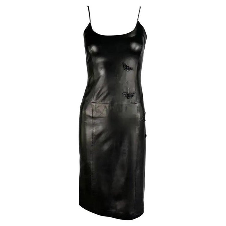 1999 Gianni Versace by Donatella Black Leather Butterfly Beaded Mini Dress  For Sale at 1stDibs