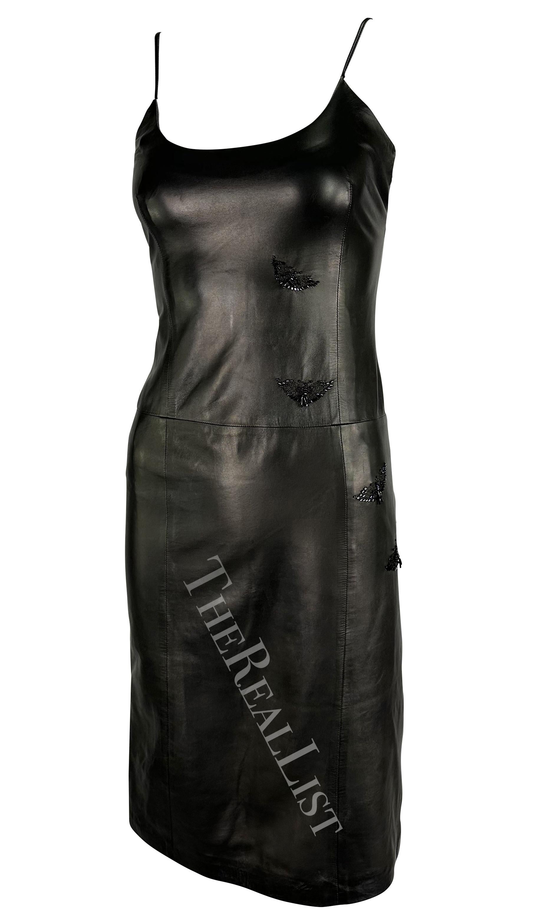 1999 Gianni Versace by Donatella Black Leather Butterfly Beaded Mini Dress In Good Condition For Sale In West Hollywood, CA