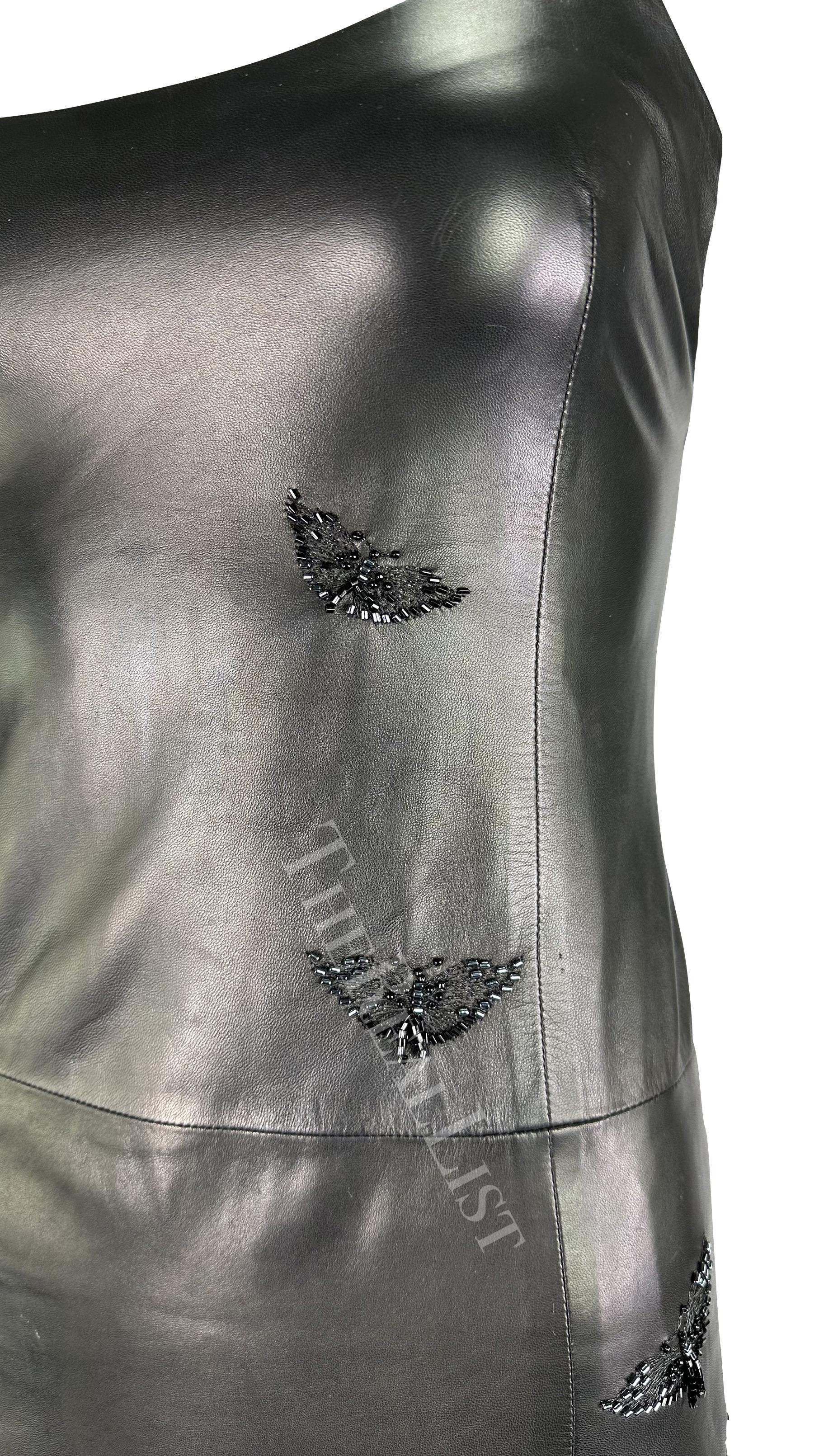 Women's 1999 Gianni Versace by Donatella Black Leather Butterfly Beaded Mini Dress For Sale