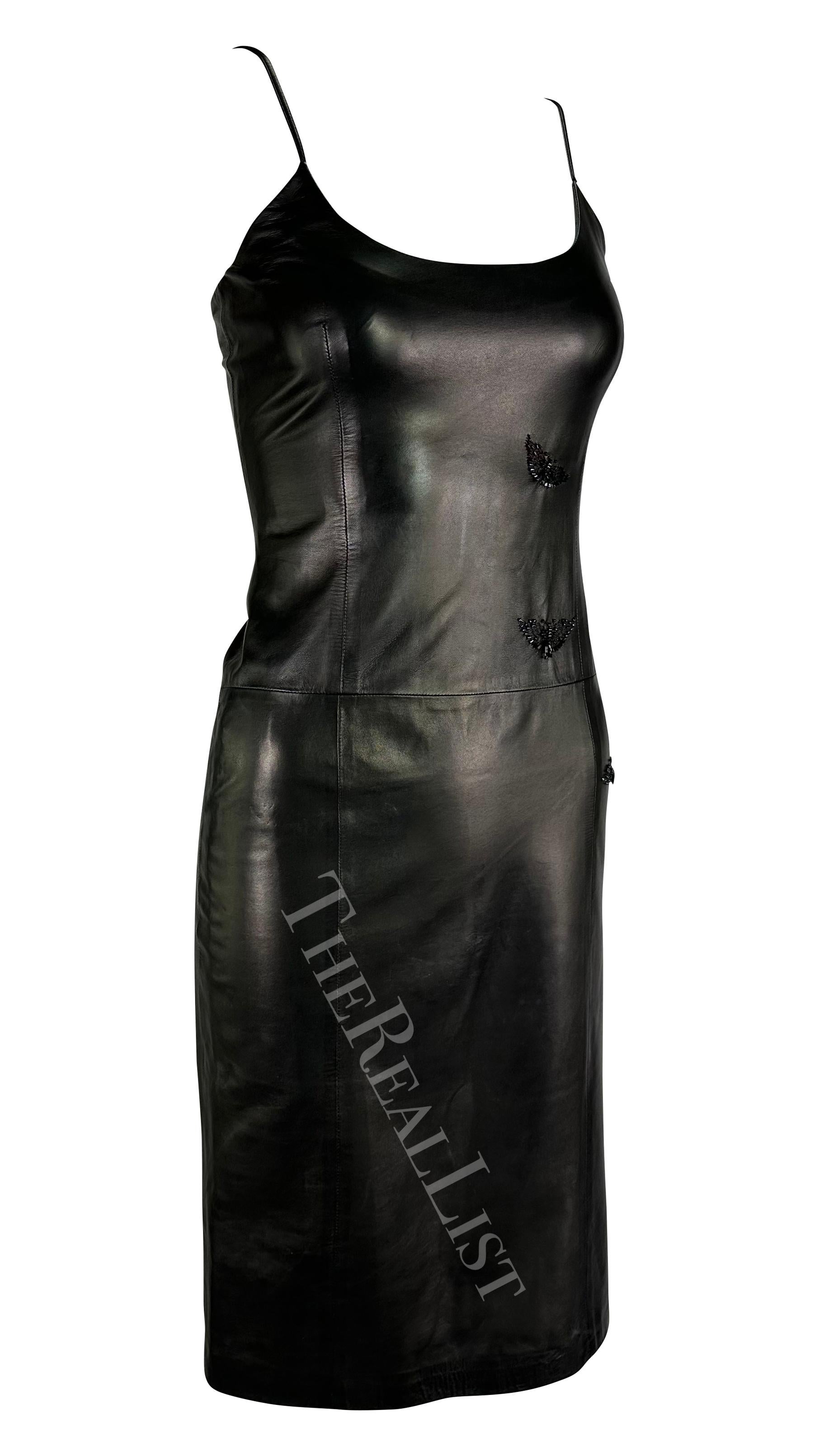 1999 Gianni Versace by Donatella Black Leather Butterfly Beaded Mini Dress For Sale 4