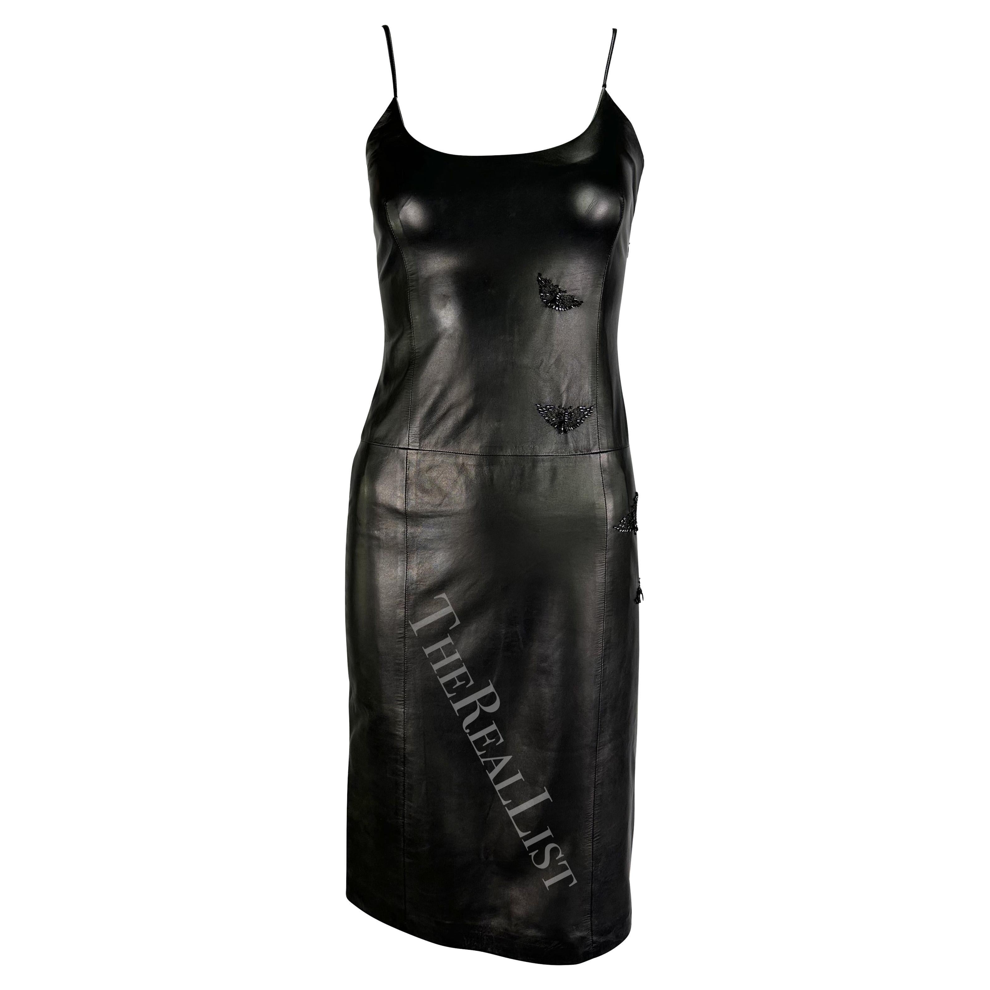 1999 Gianni Versace by Donatella Black Leather Butterfly Beaded Mini Dress For Sale