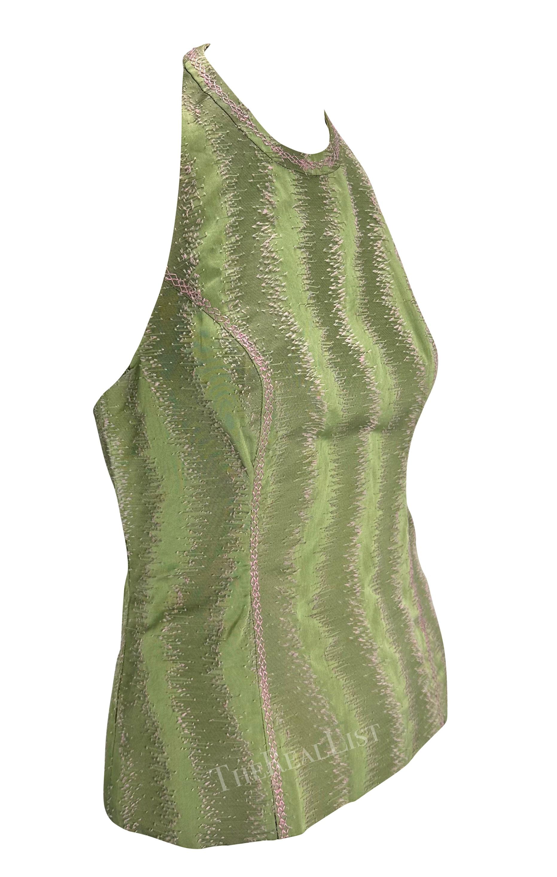 1999 Gianni Versace by Donatella Green Abstract Pink Embroidery Halter Top For Sale 1