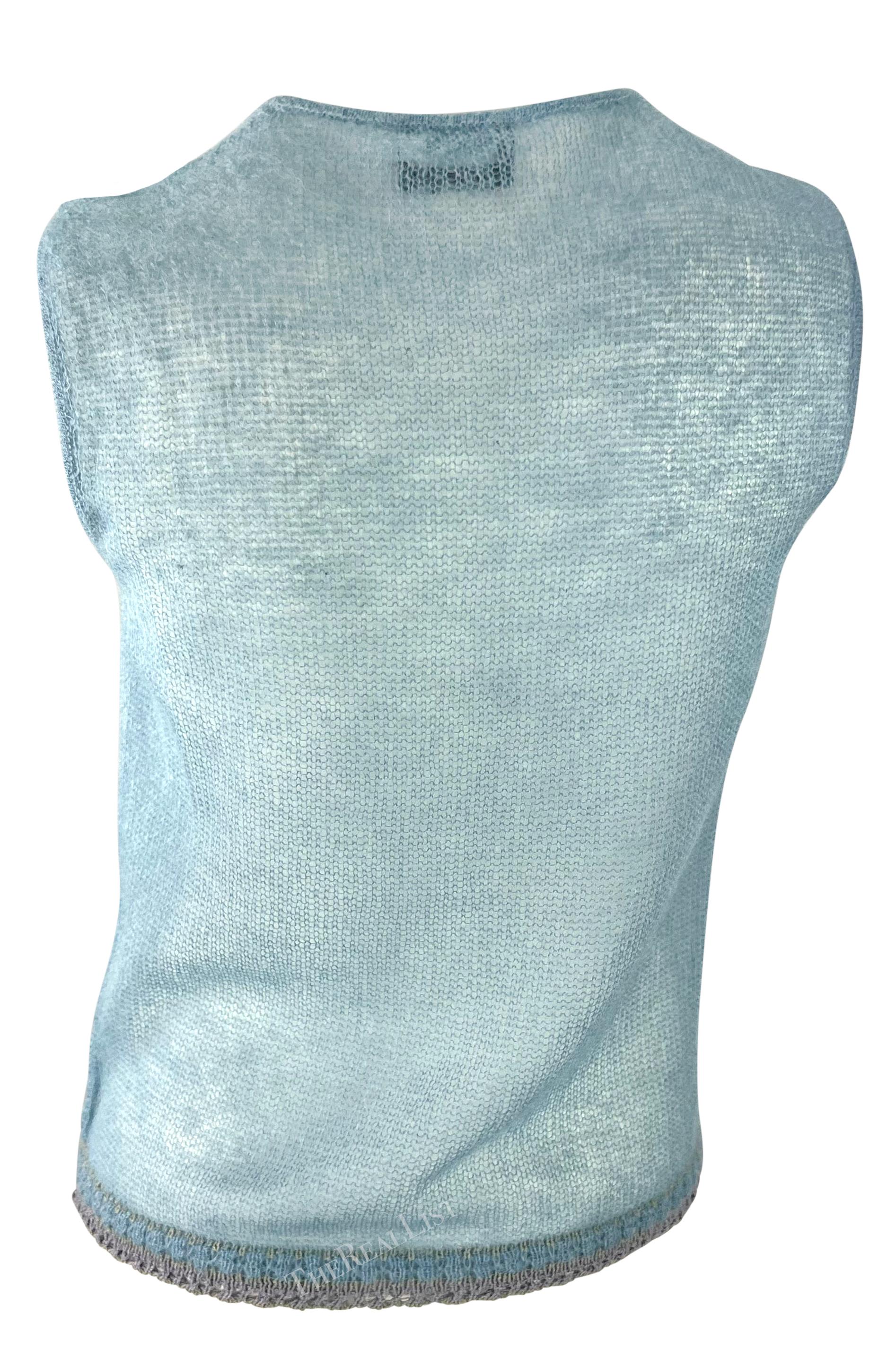 1999 Giorgio Armani Sheer Knit Baby Blue Sleeveless Sweater Top In Good Condition For Sale In West Hollywood, CA