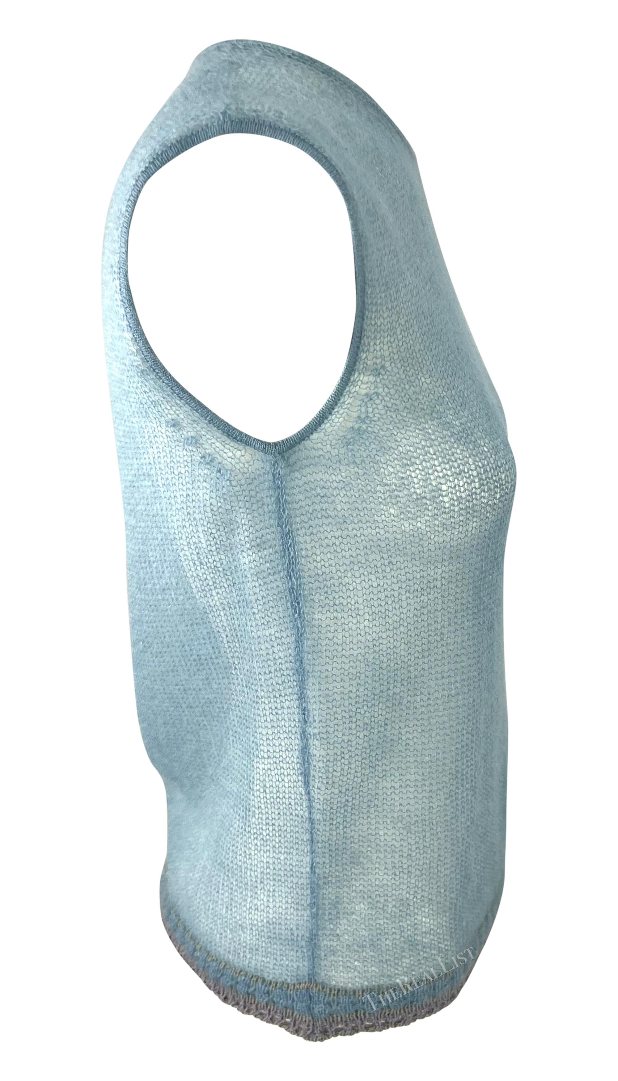 Women's 1999 Giorgio Armani Sheer Knit Baby Blue Sleeveless Sweater Top For Sale