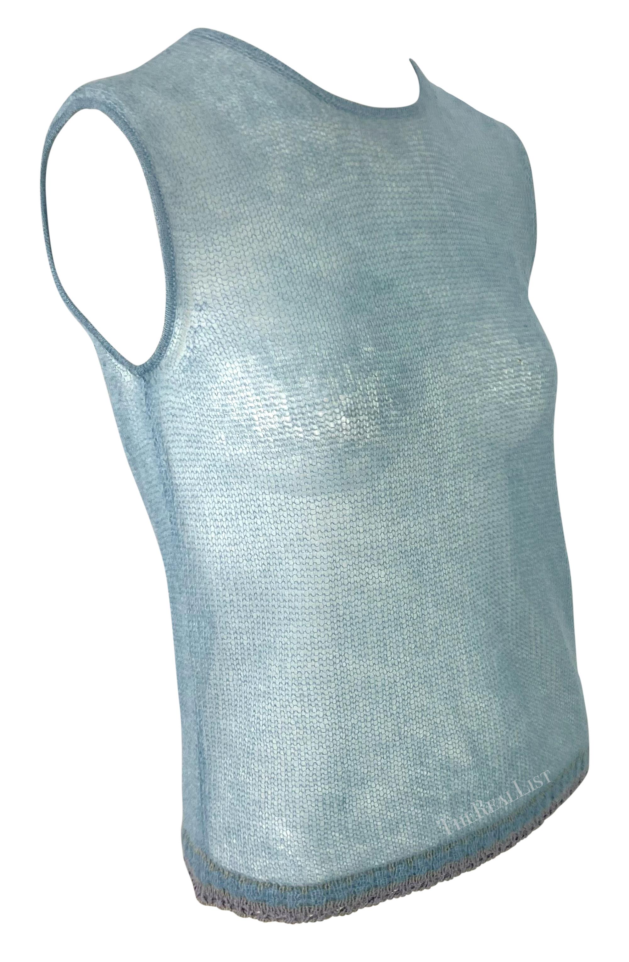 1999 Giorgio Armani Sheer Knit Baby Blue Sleeveless Sweater Top For Sale 1