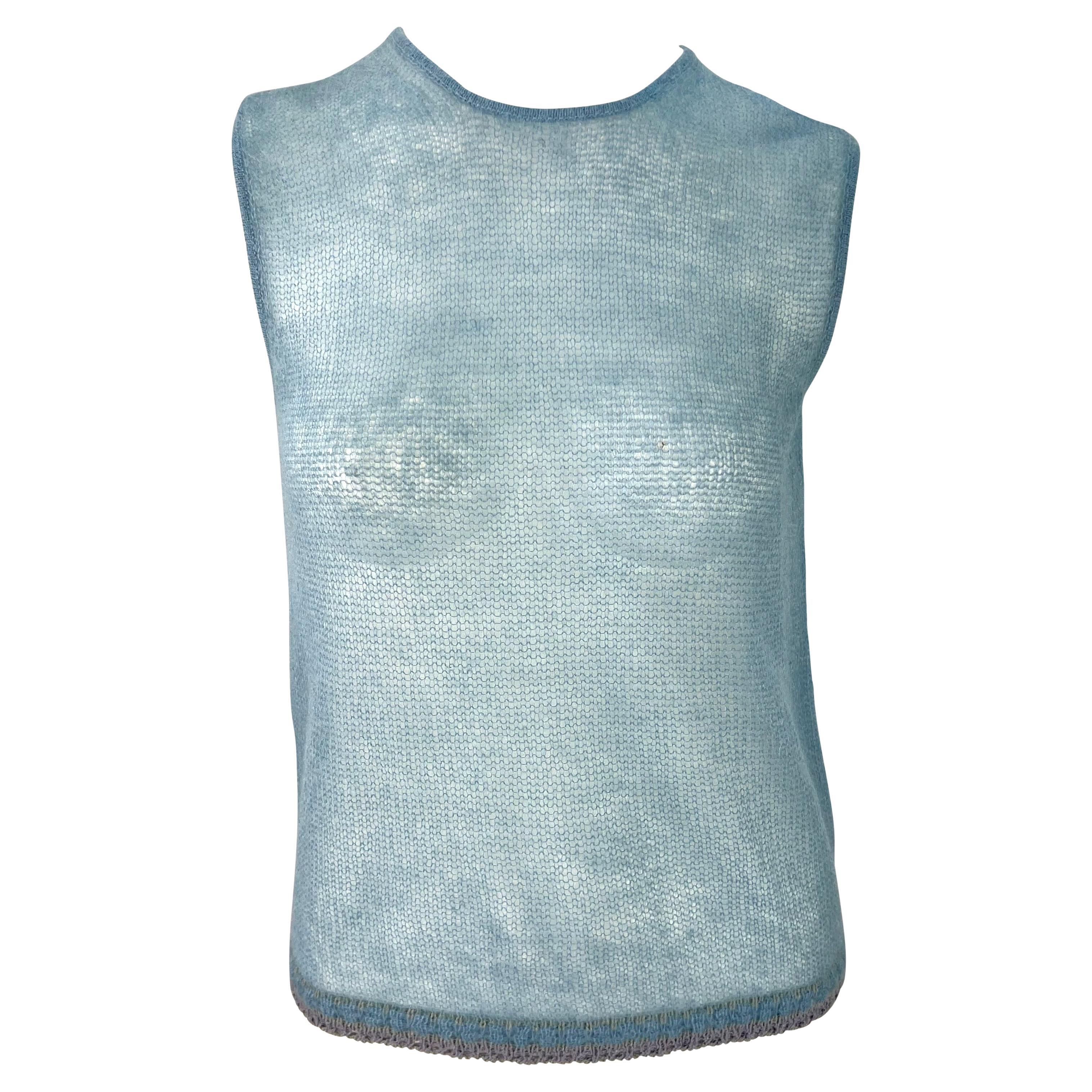 1999 Giorgio Armani Sheer Knit Baby Blue Sleeveless Sweater Top For Sale