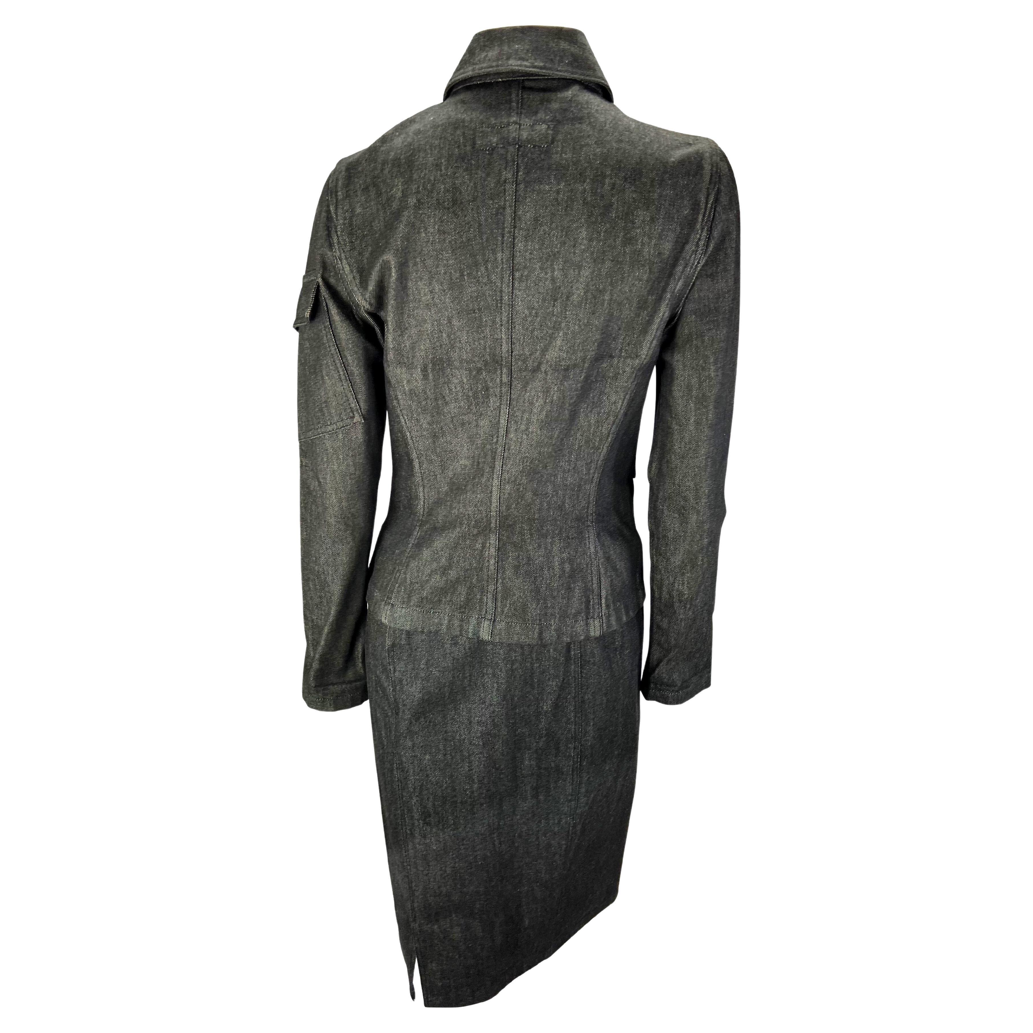 Noir 1999 Gucci by Tom Ford Ensemble jupe et veste en denim noir avec bordures en toile en vente