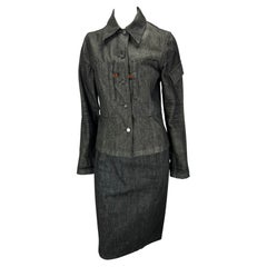 1999 Gucci by Tom Ford Black Denim Web Trim Skirt Jacket Set