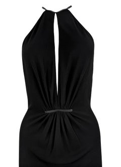 1999 Gucci by Tom Ford Black Leather Trim Plunging Viscose Backless Mini Dress