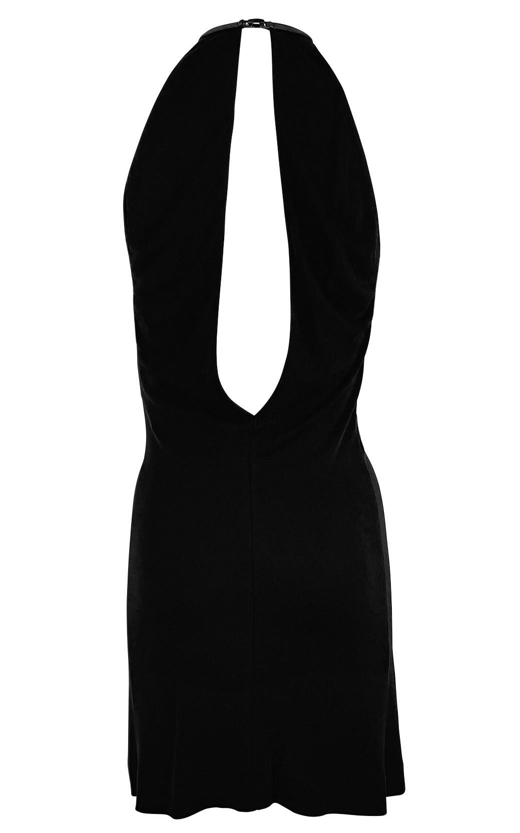 De las mujeres 1999 Gucci by Tom Ford Minivestido sin espalda de viscosa con ribetes de cuero negro y escote profundo en venta