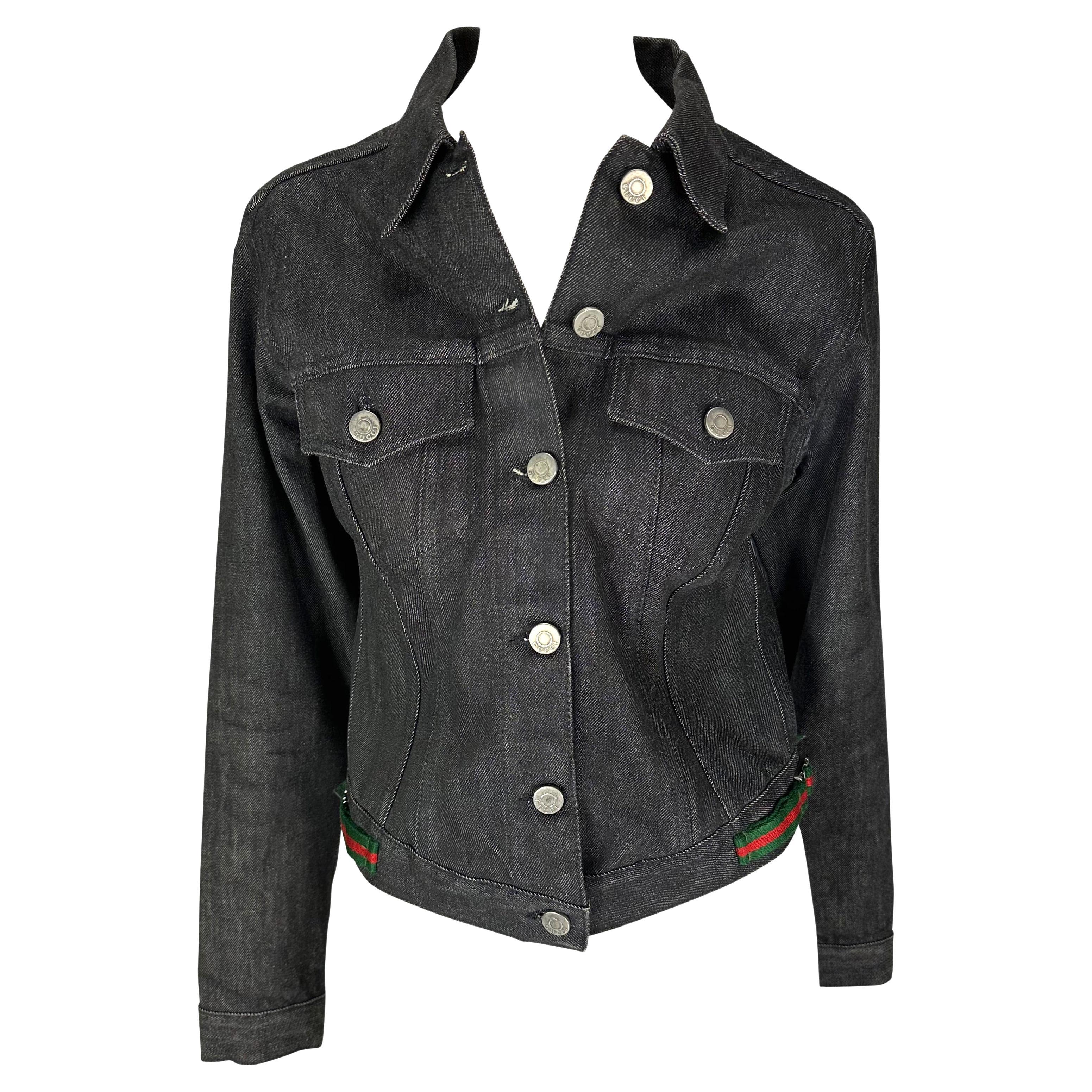 1999 Gucci by Tom Ford Web Buckle Black Logo Button Cotton Denim Jacket For Sale