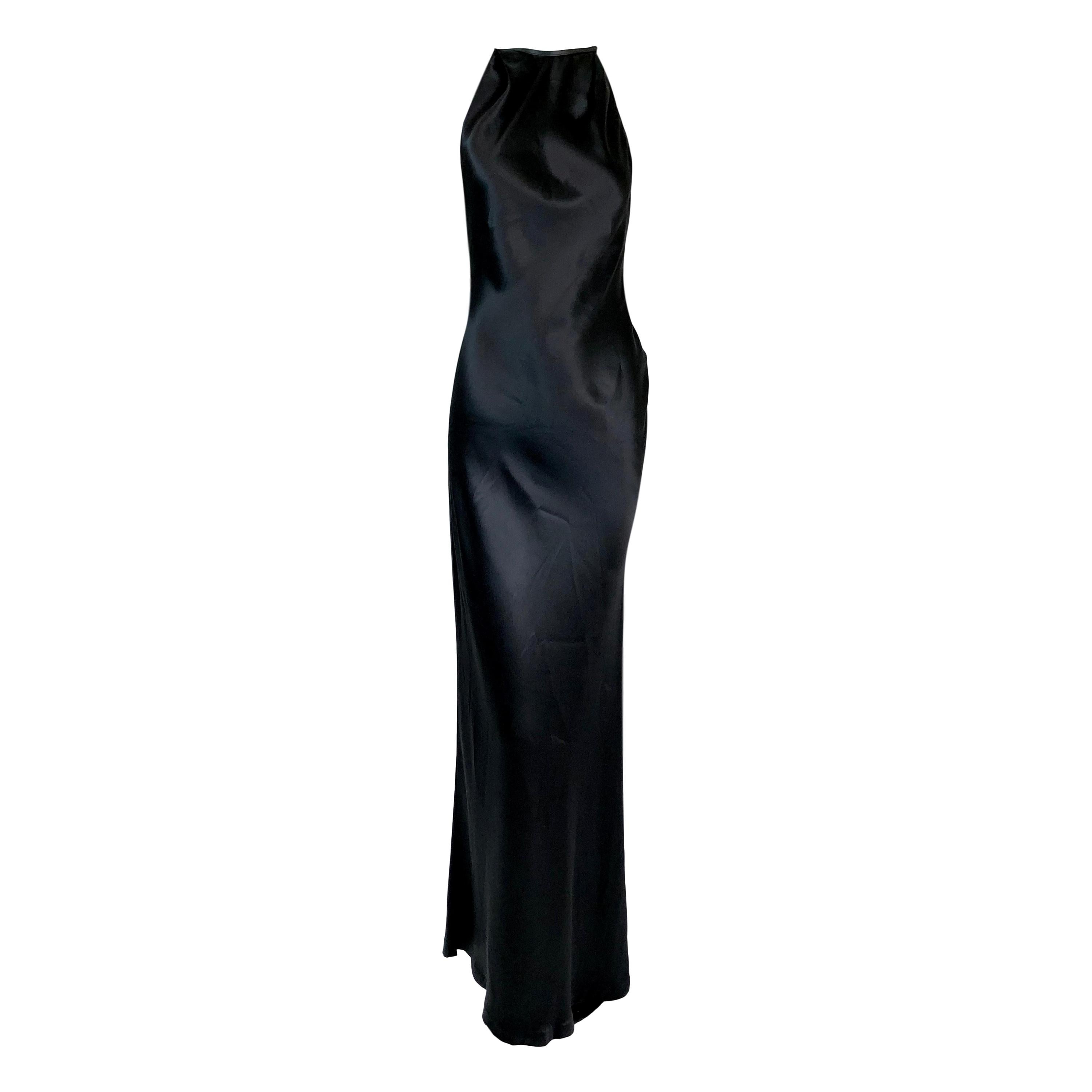 1999 Gucci Tom Ford Black Satin High Neck Choker Asymmetrical Gown Dress