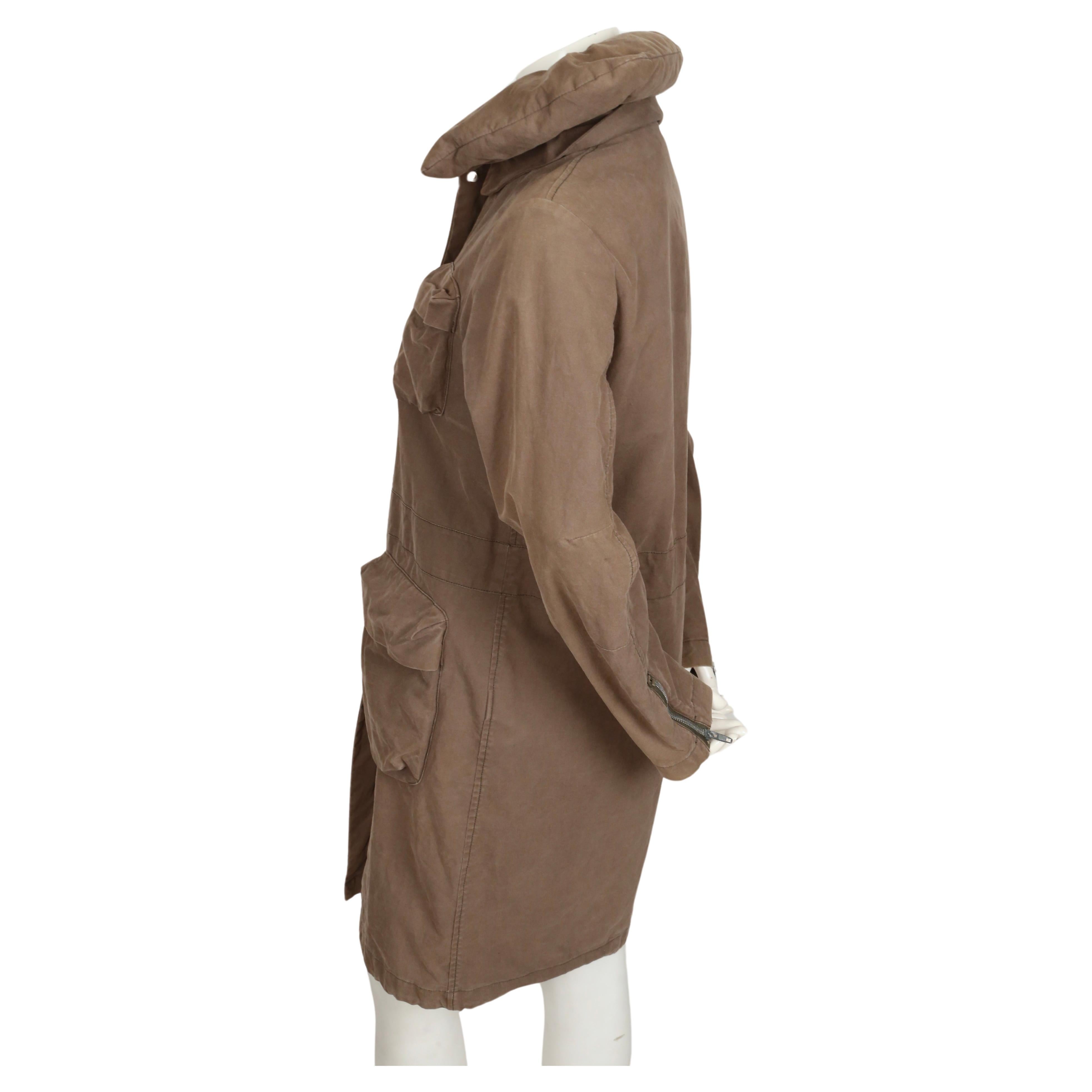 1999 HELMUT LANG khaki brown parka coat with padded collar & bondage straps  In Good Condition For Sale In San Fransisco, CA