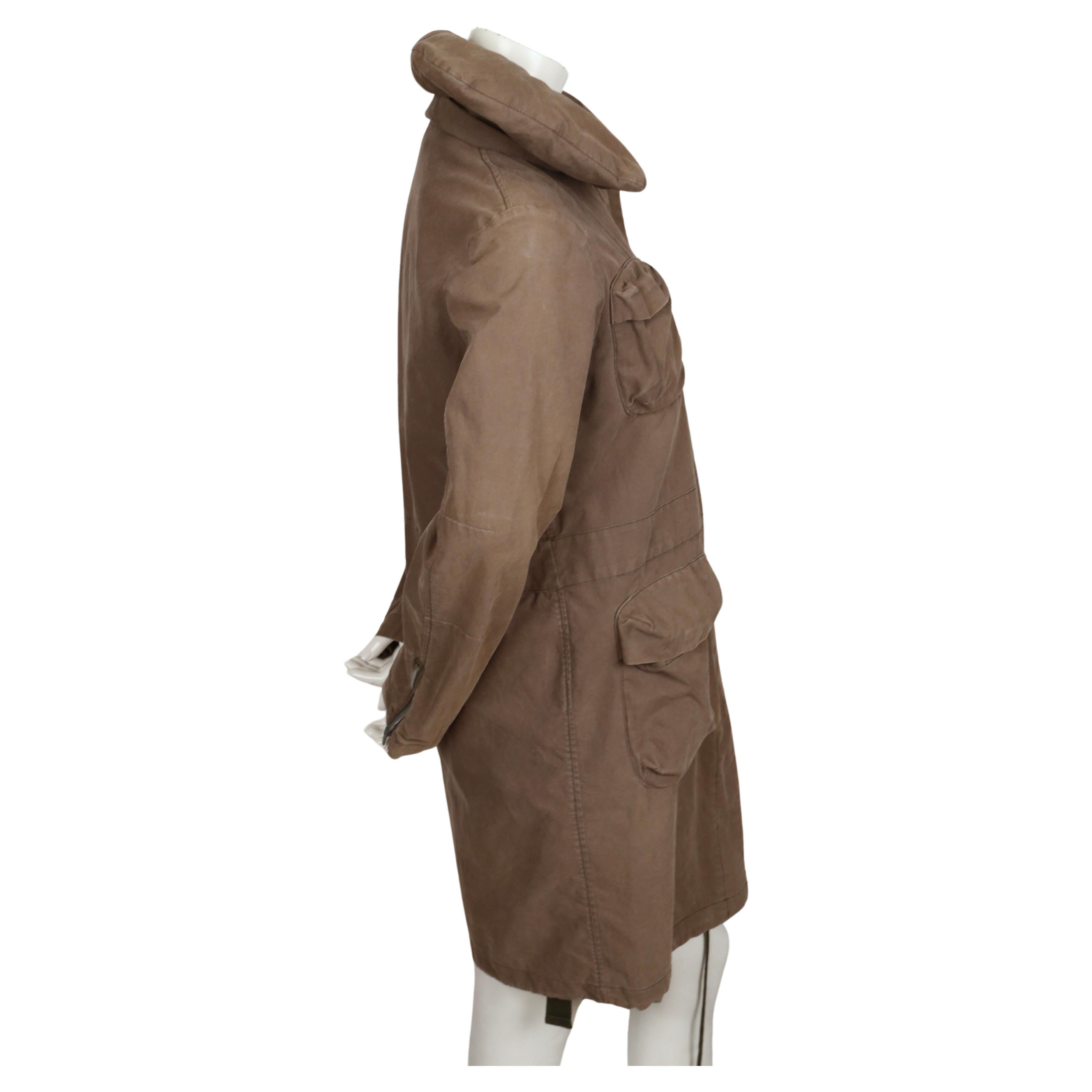 Women's or Men's 1999 HELMUT LANG khaki brown parka coat with padded collar & bondage straps  For Sale