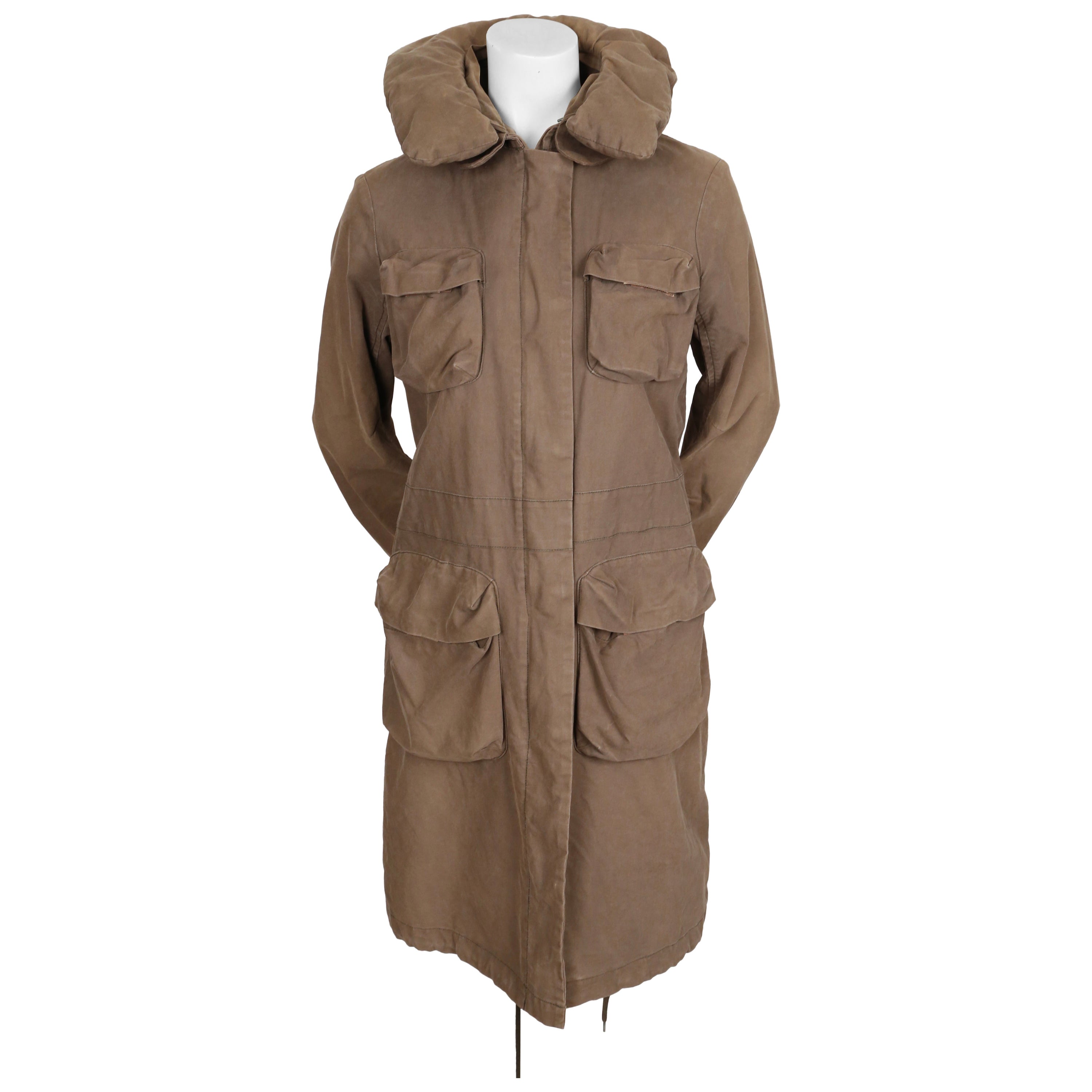 HELMUT LANG Manteau parka vintage kaki avec col rembourré et bretelles bondage 1999