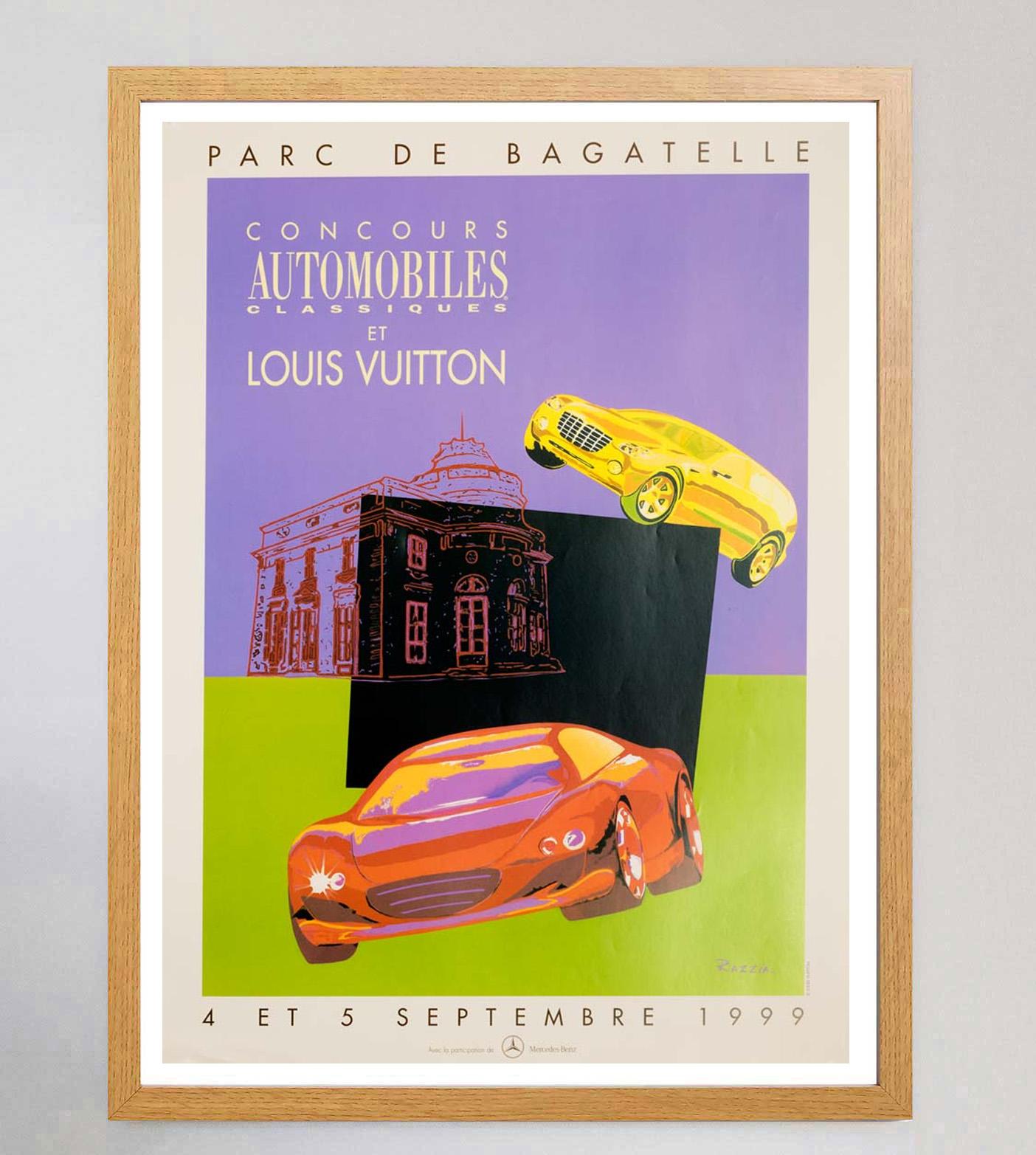 The Louis Vuitton Bagatelle Concours Automobiles Classiques is an annual event held in the Parc de Bagatelle in Paris, France beginning in 1988. This beautiful piece from 1999 evokes a pop art style with vibrant pastel shapes. 

Beautifully