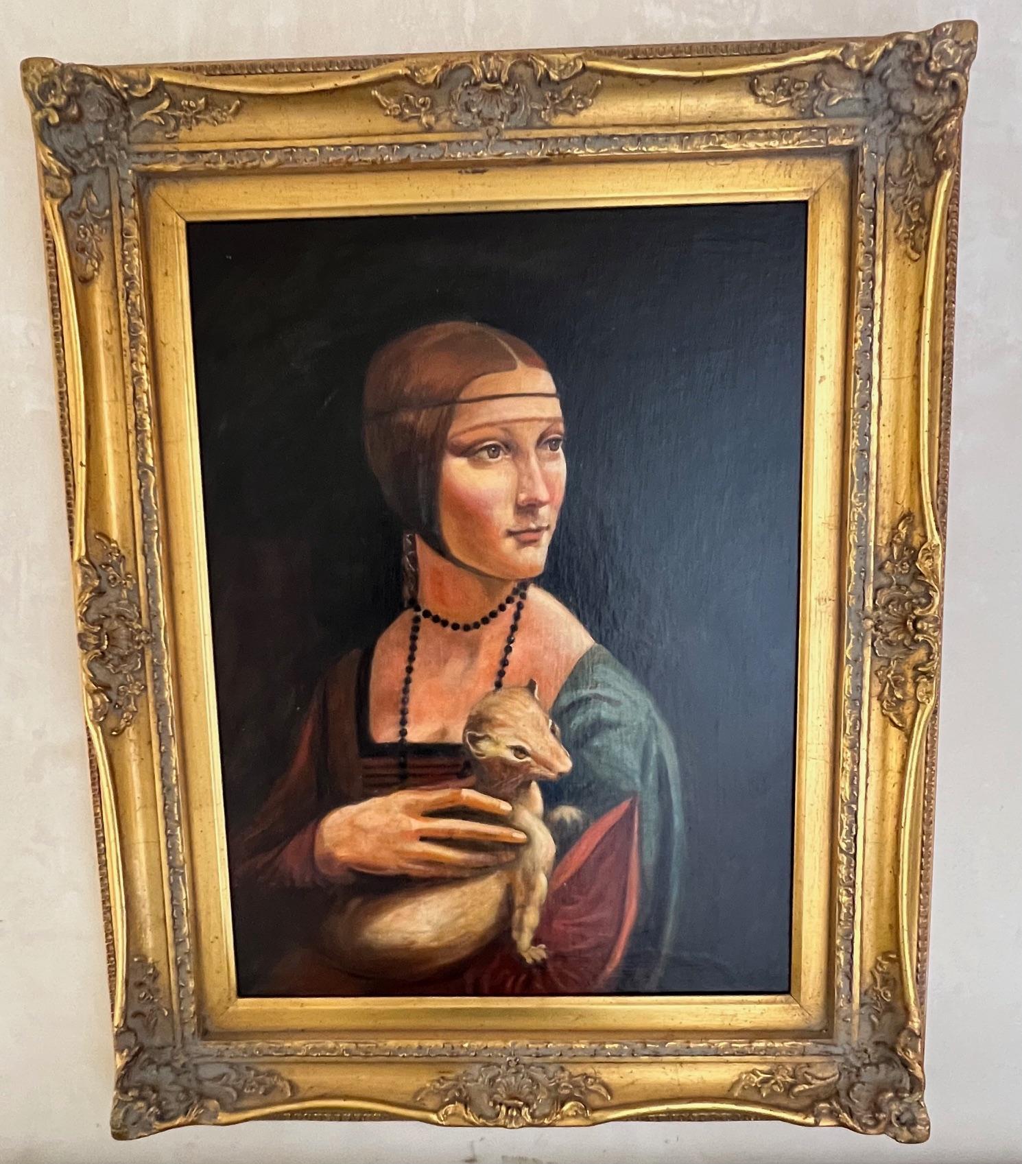 Peinture à l'huile de Léonard de Vinci « Lady with an Ermine », cadre vintage, 1999 en vente 6